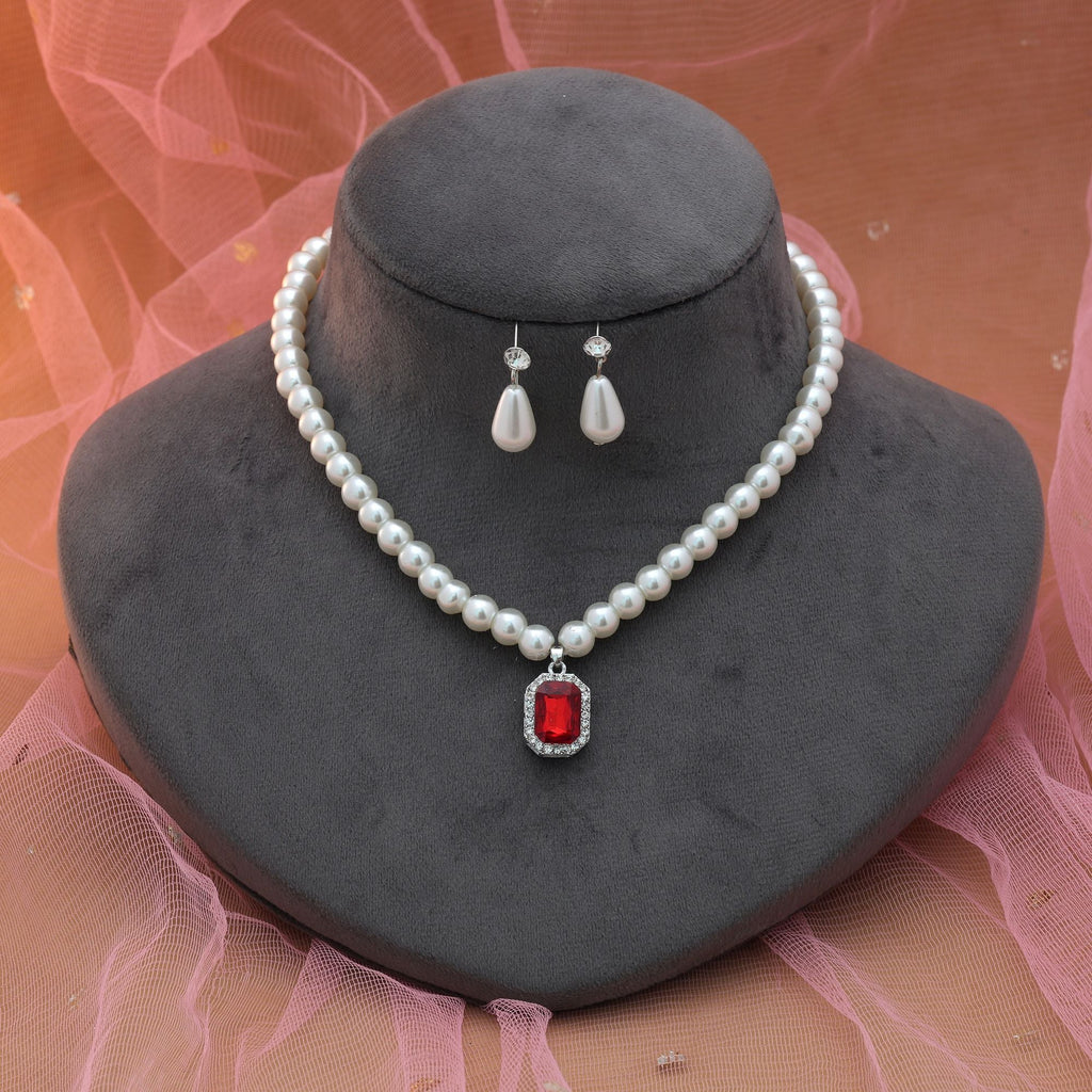 Red Color Stone Necklace Set Traditional Style
