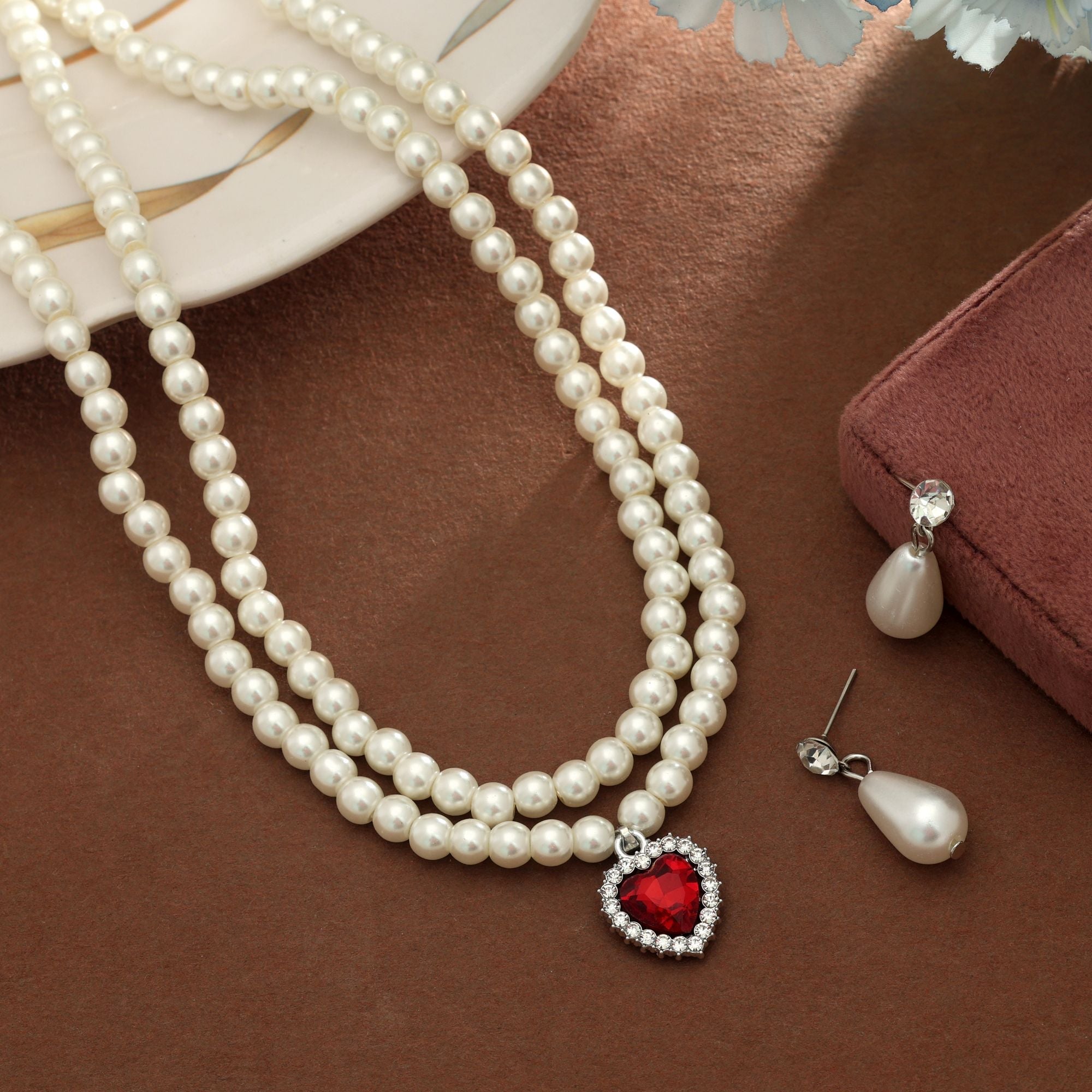Red Color Stone Necklace Set Ethnic Style