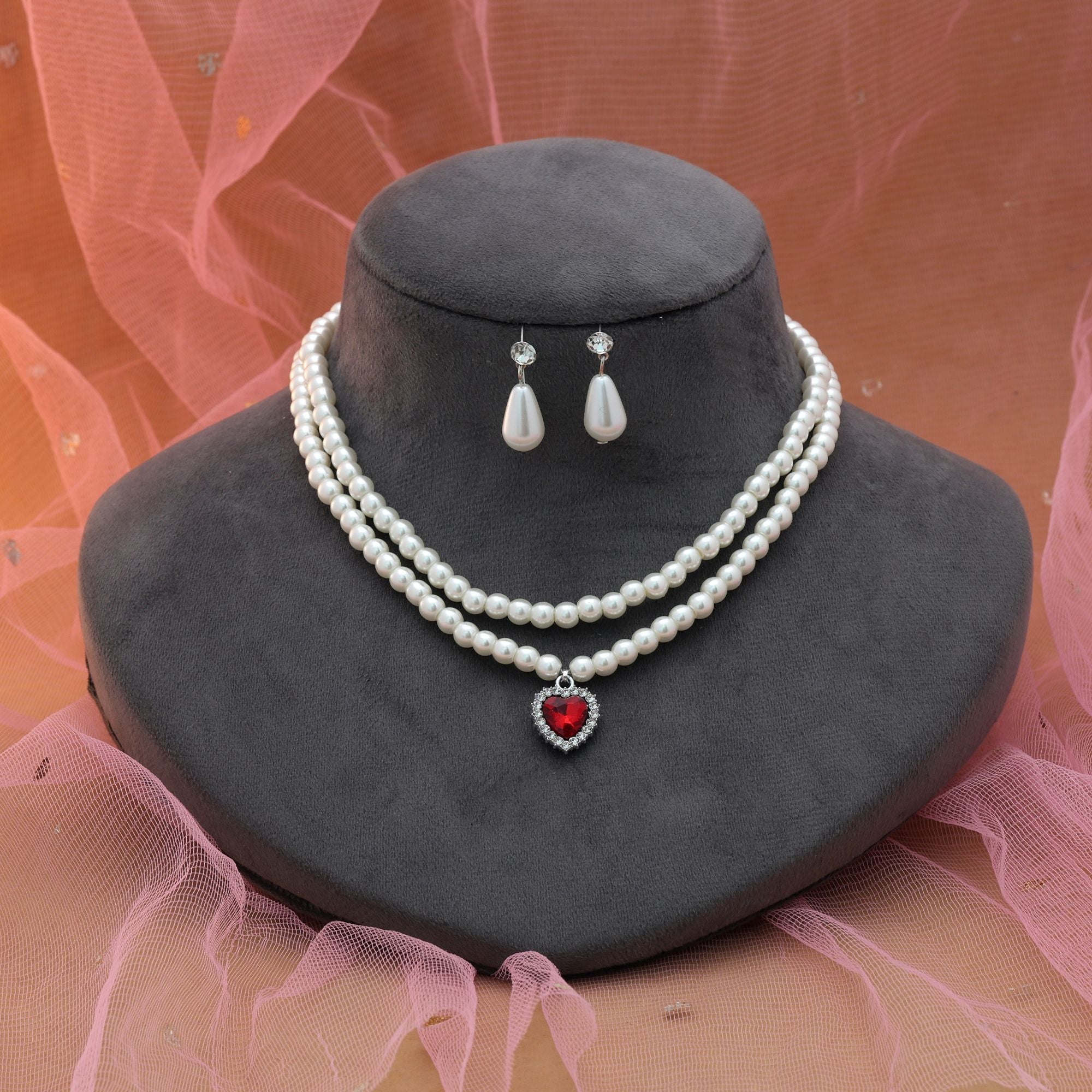 Red Color Stone Necklace Set Ethnic Style