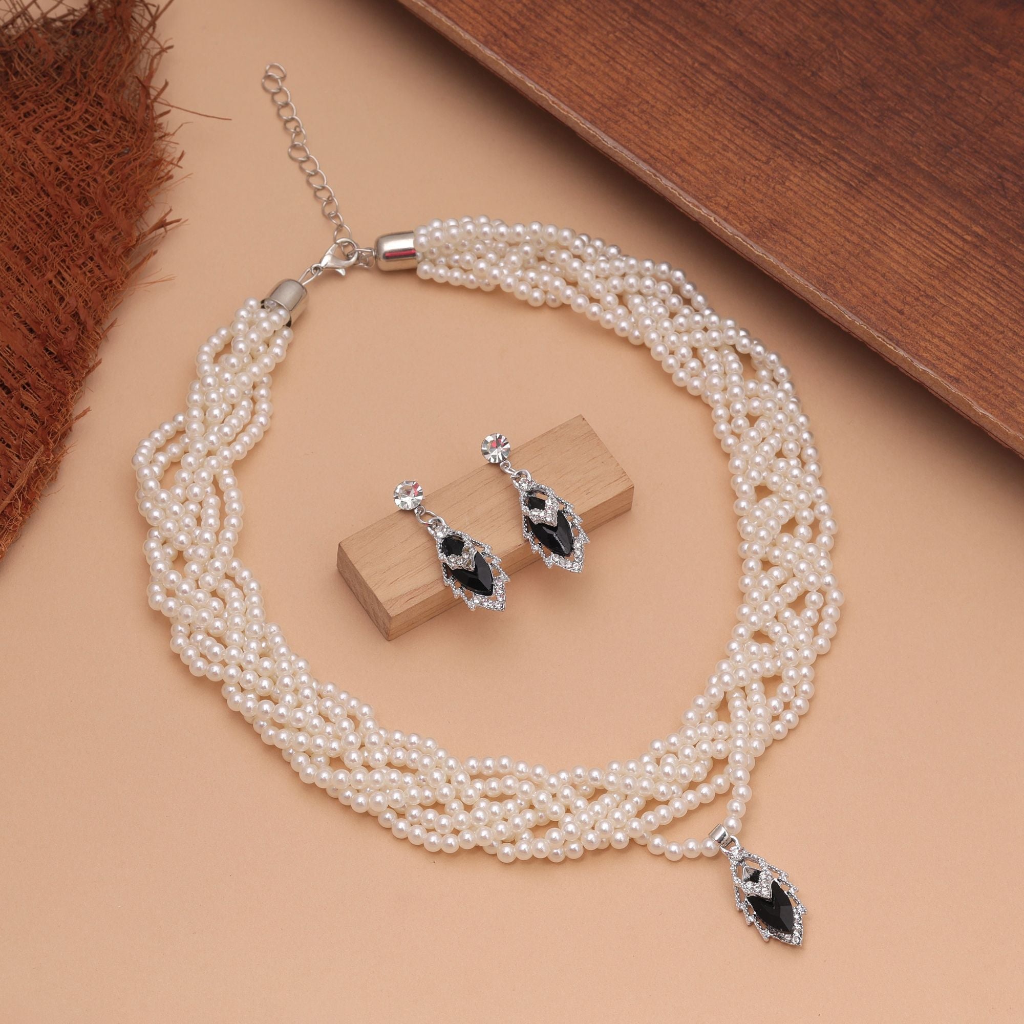 Black Color Stone Necklace Set Party Wear Style