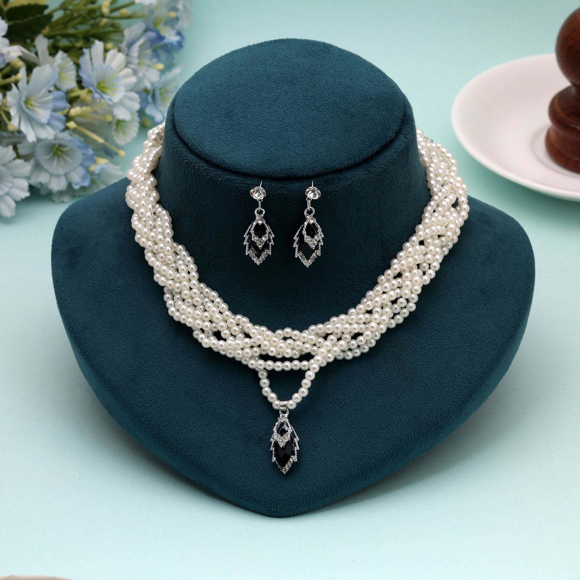 Black Color Stone Necklace Set Party Wear Style