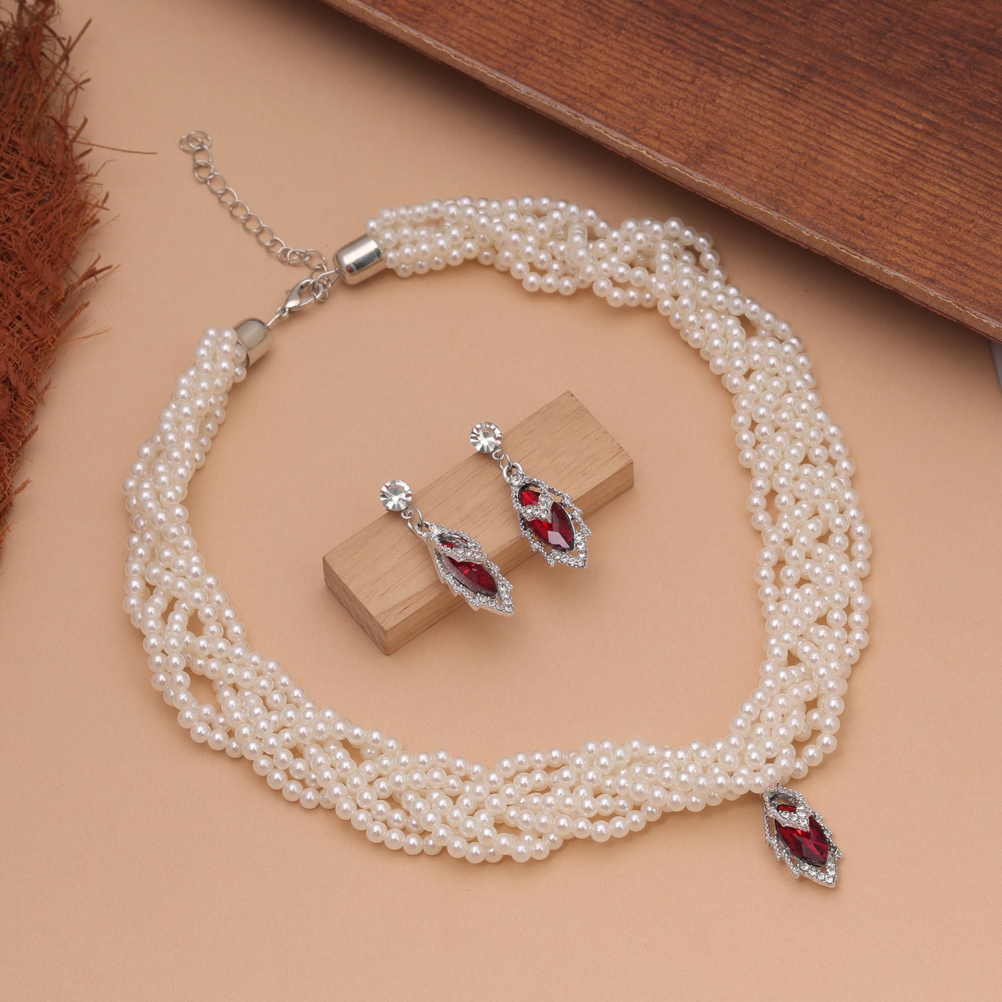 Red Color Stone Necklace Set Ethnic Fashion Jewelry