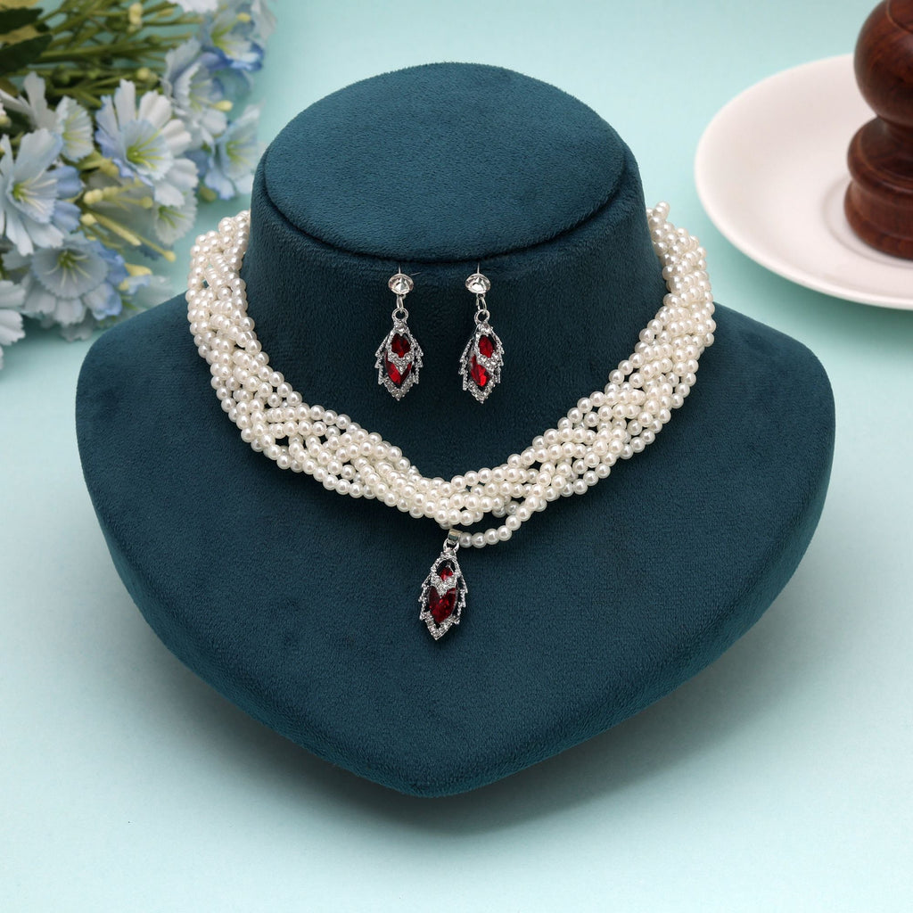 Red Color Stone Necklace Set Ethnic Fashion Jewelry
