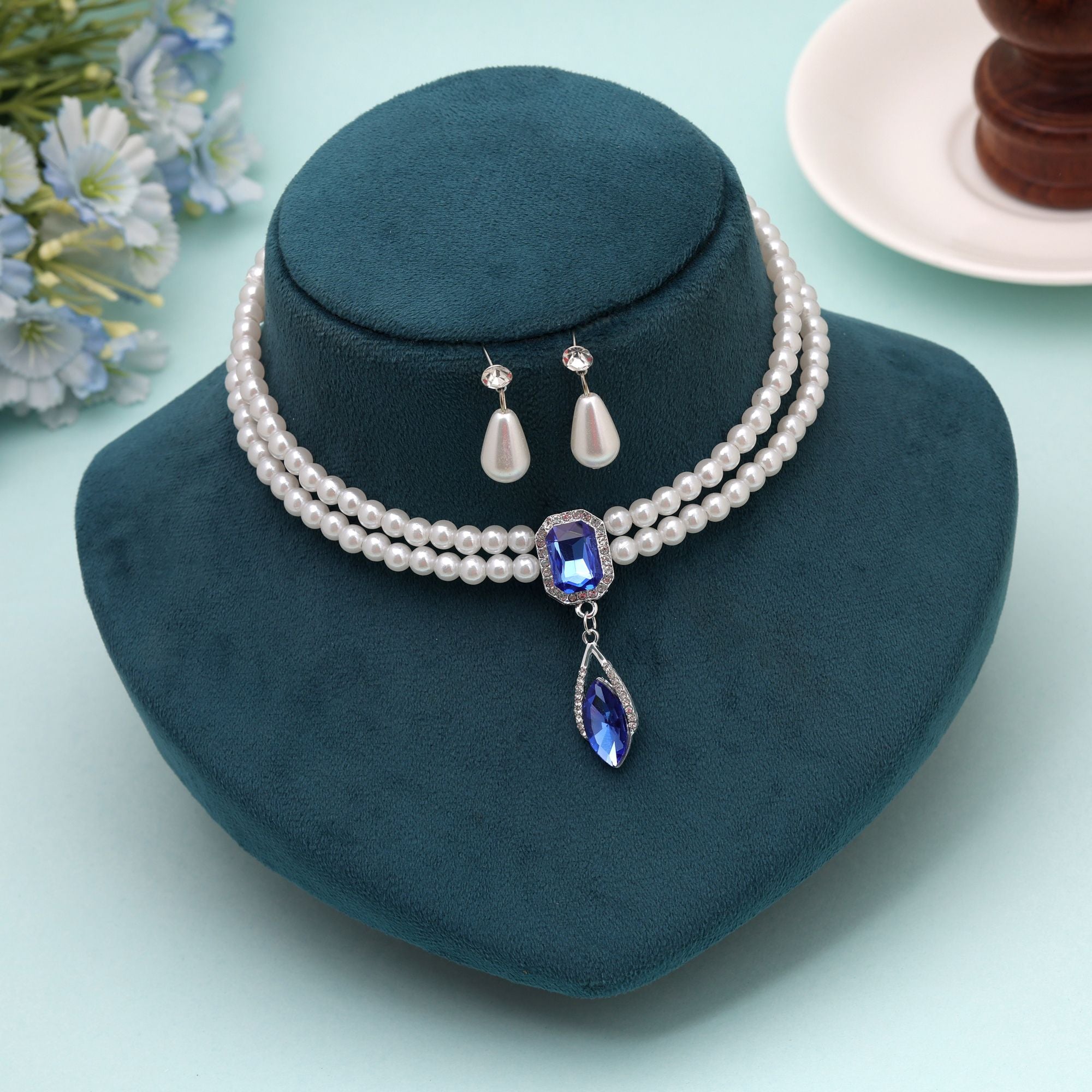 Blue Color Stone Necklace Set Premium Jewelry Style