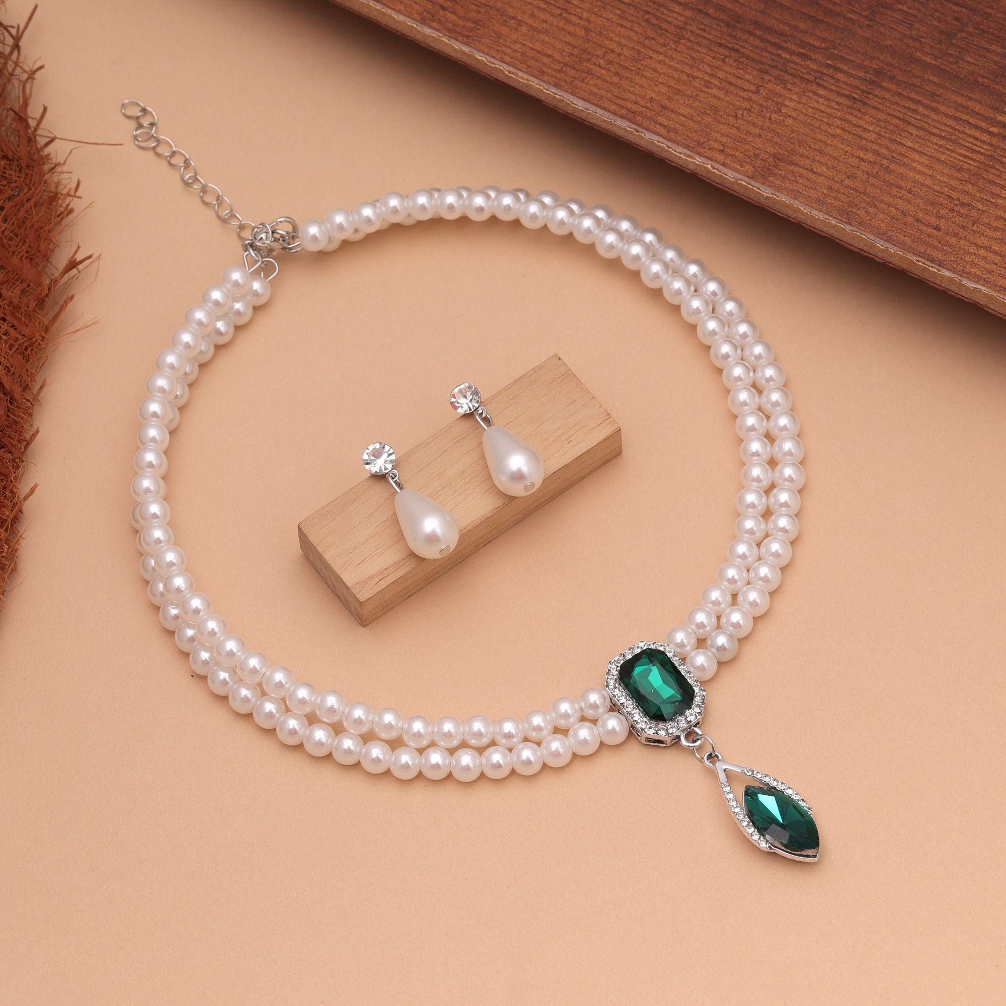 Green Color Stone Necklace Set Traditional Wear Style