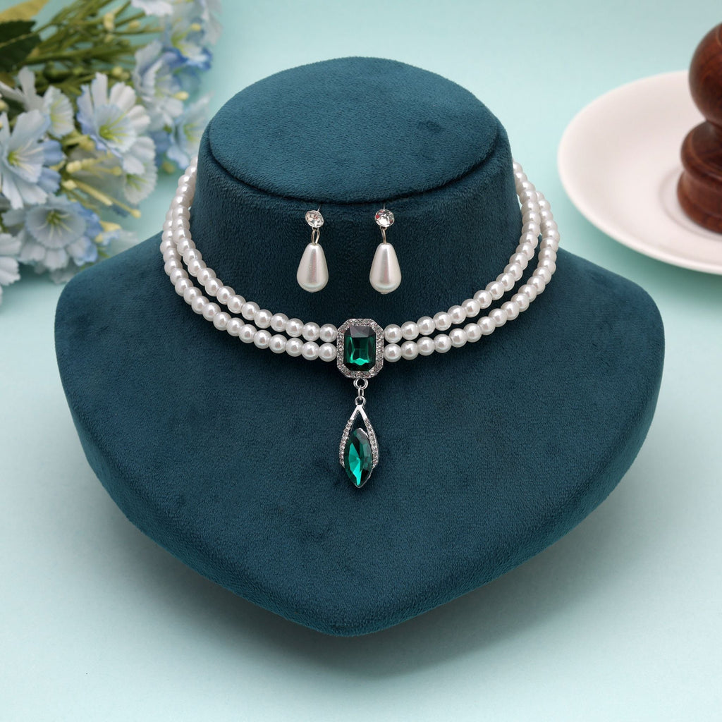 Green Color Stone Necklace Set Traditional Wear Style