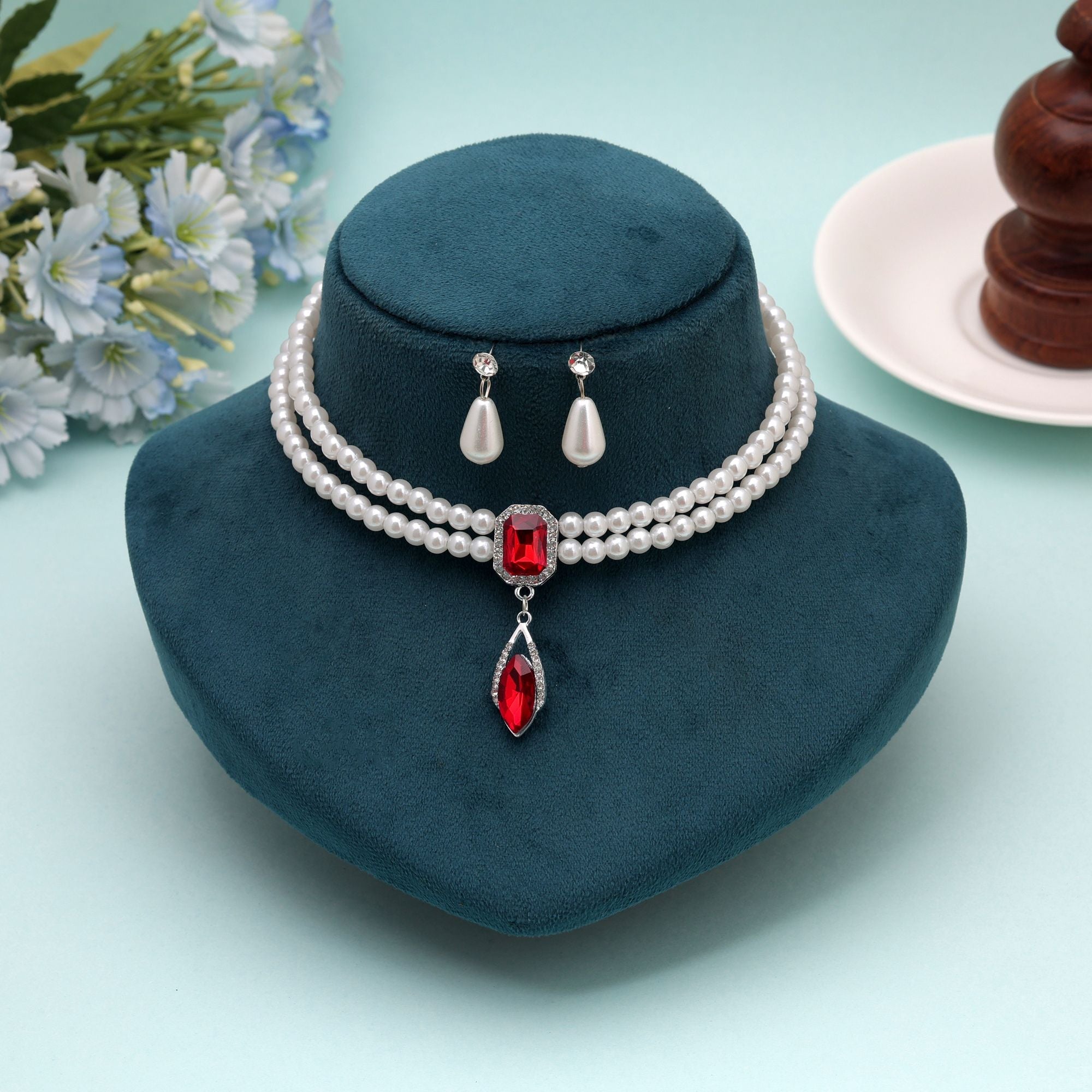 Red Color Stone Necklace Set Festive Ethnic Design