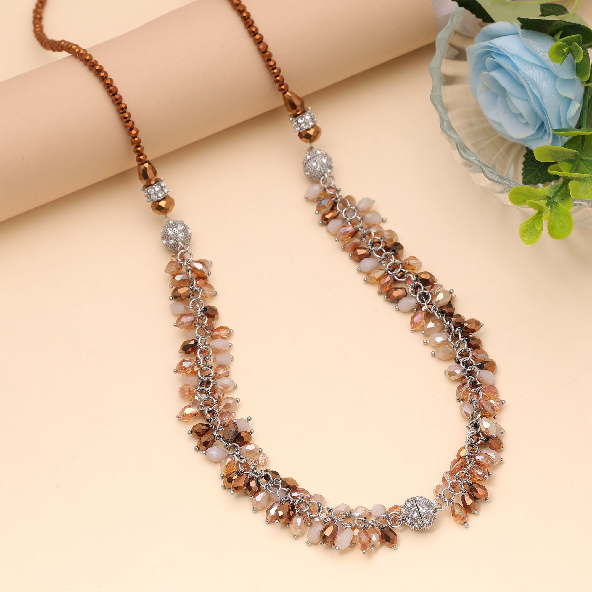 Brown & White Color Beaded Necklace with Handmade Style