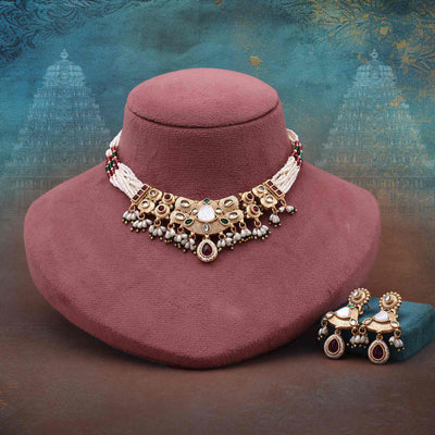 Multi Color Matte Gold Necklace Set Featuring Artistic Meena And Stone Work