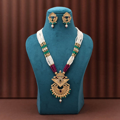 Royal Rani And Green Color Dual Tone Matte Gold Necklace Set For Grand Festive Occasions