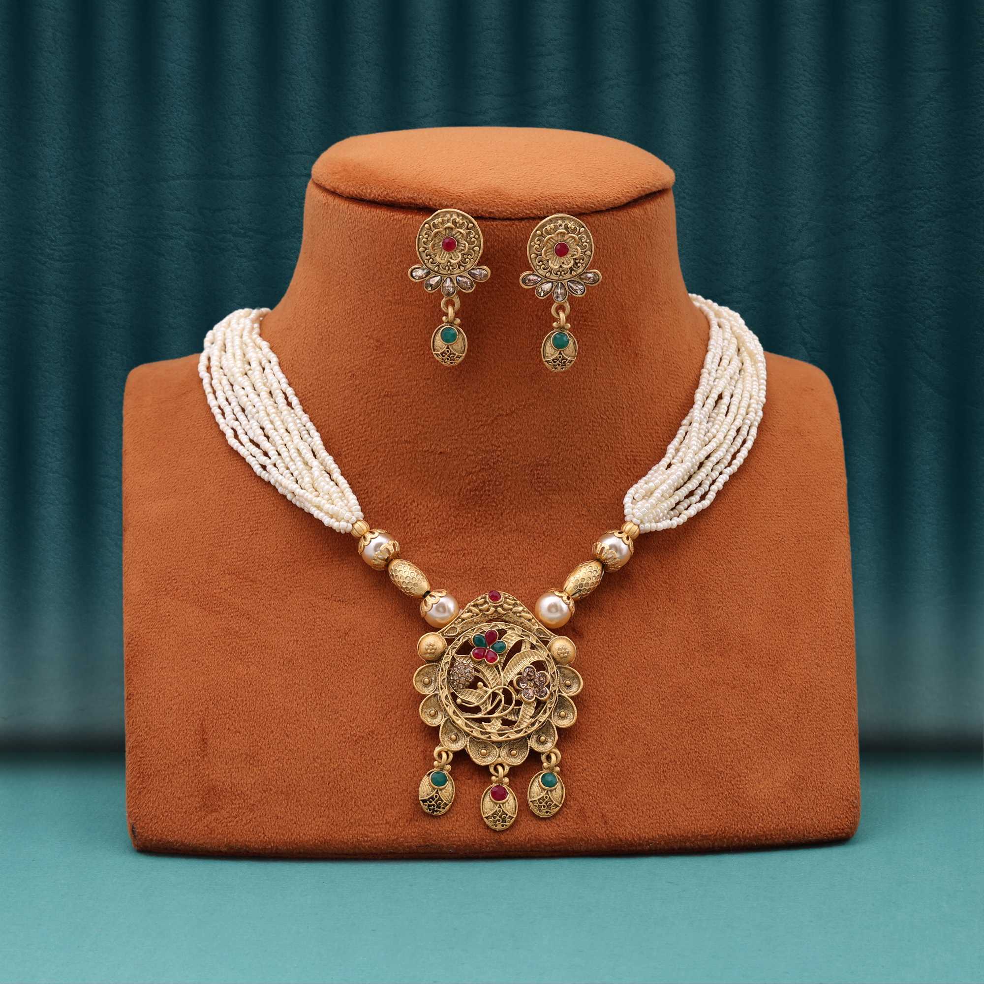 Dual Shade Rani And Green Color Matte Gold Necklace Set With Antique Royal Finish