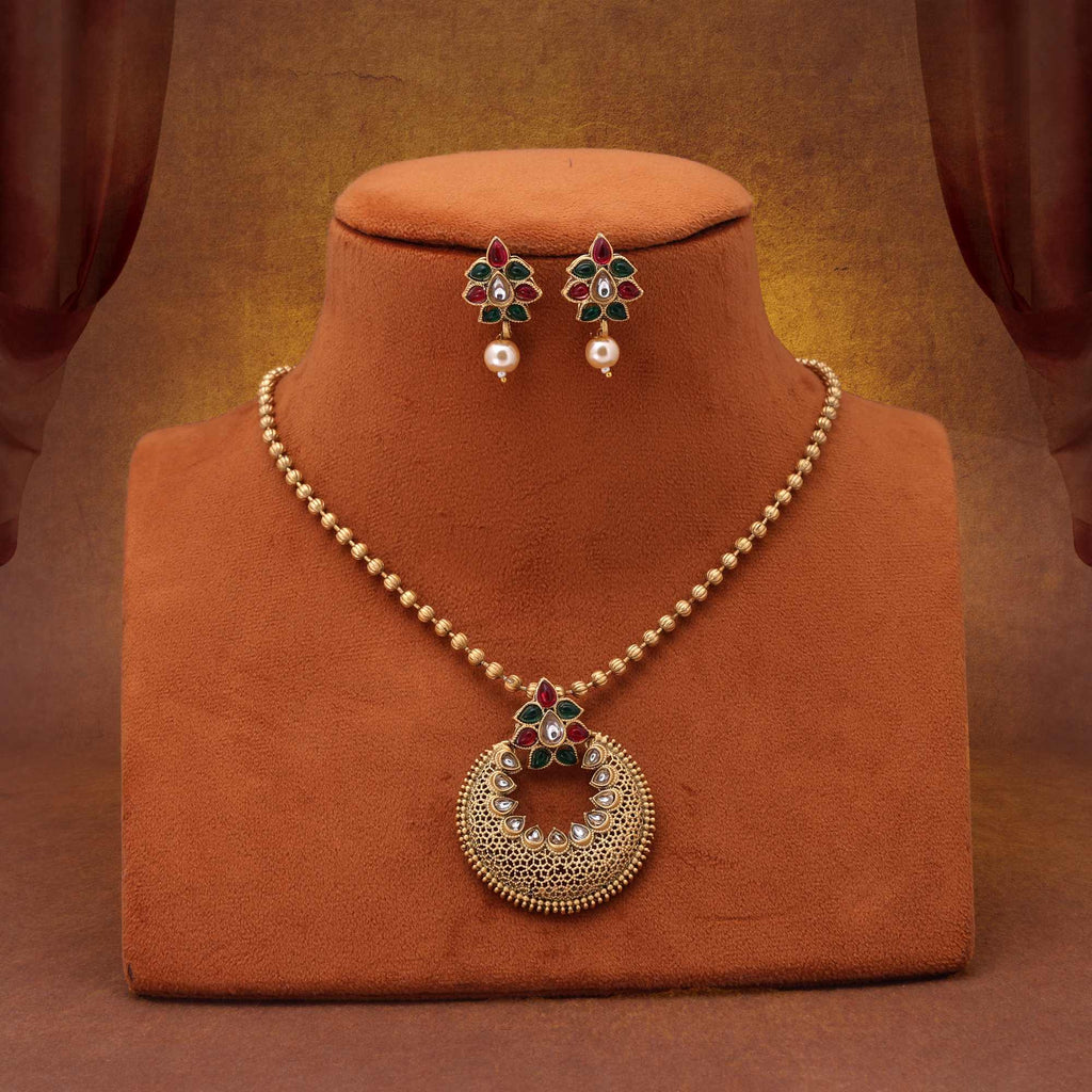 Ornate Rani And Green Color Matte Gold Necklace Set For Wedding, Festival, And Celebration Wear