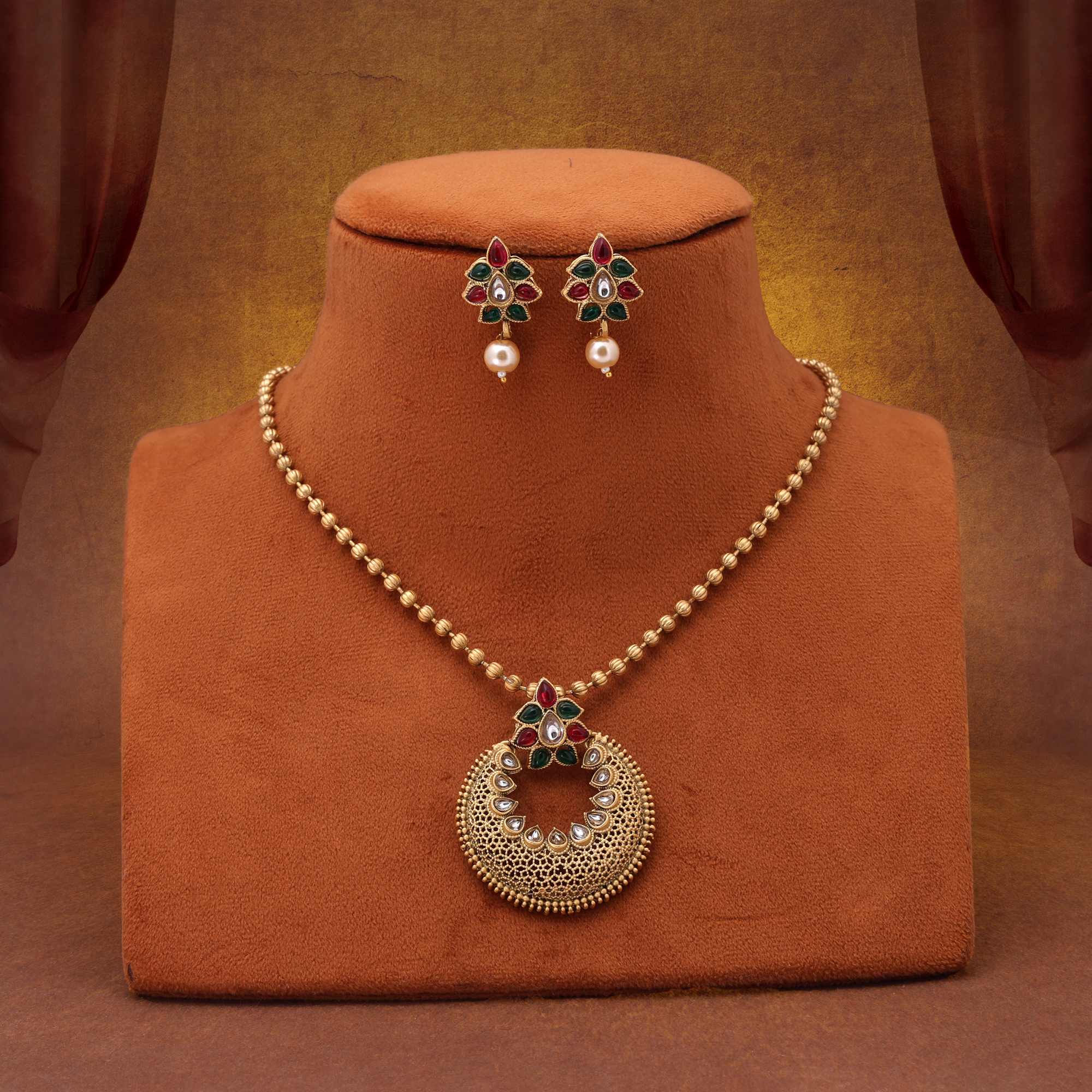 Ornate Rani And Green Color Matte Gold Necklace Set For Wedding, Festival, And Celebration Wear