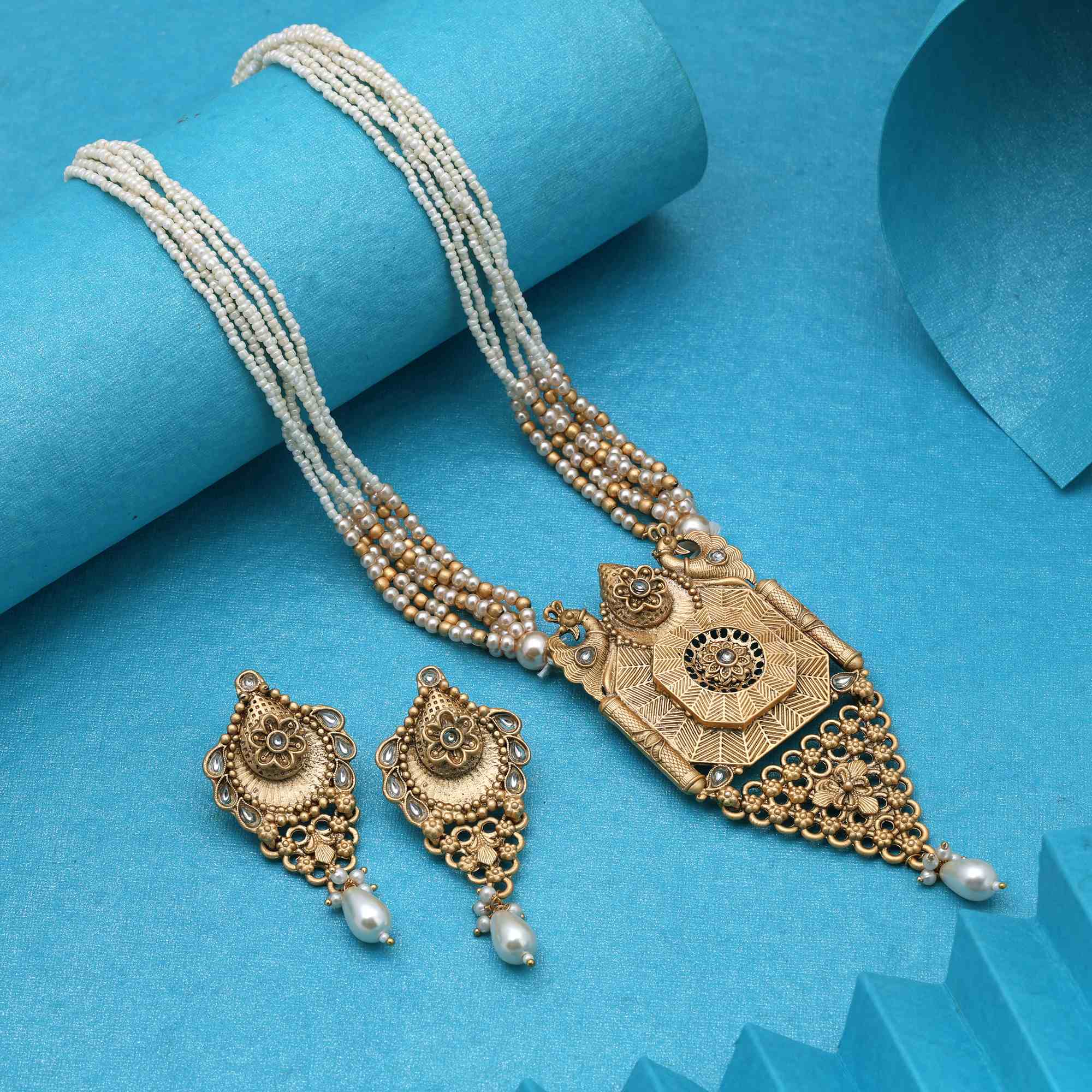 Premium Gold Color Matte Gold Necklace Set For Brides And Ethnic Looks