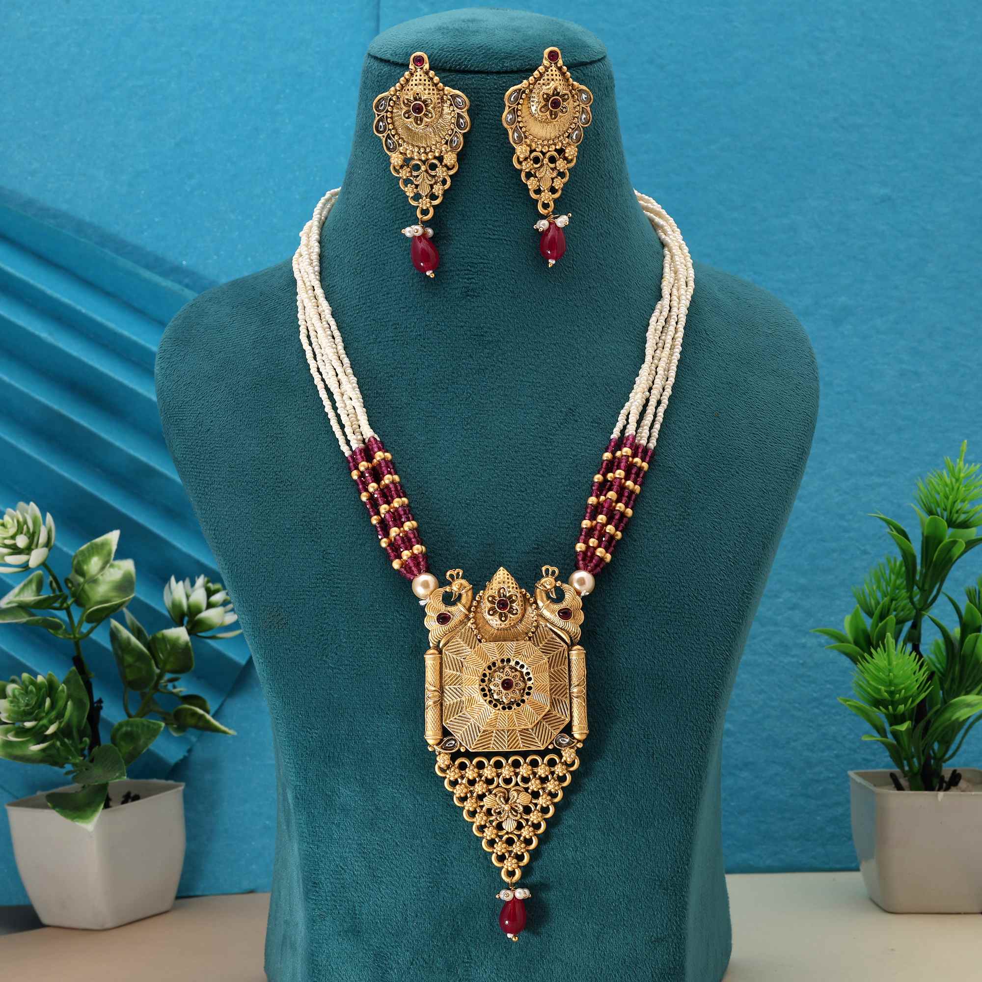 Beautiful Rani Color Matte Gold Necklace Set With Antique Style Craftsmanship
