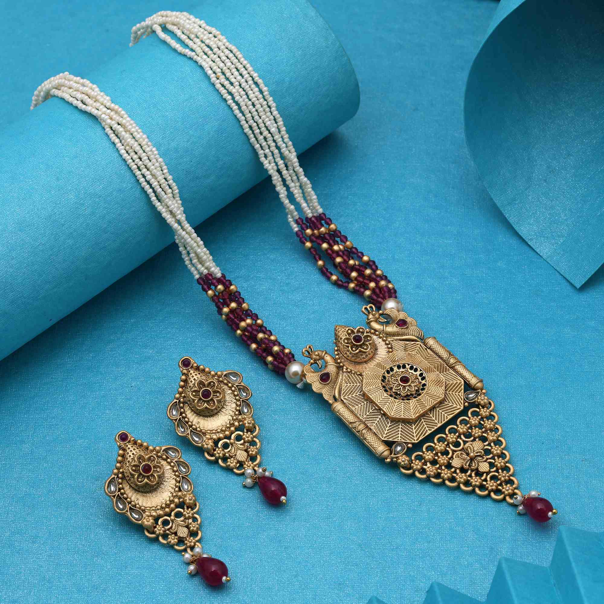 Beautiful Rani Color Matte Gold Necklace Set With Antique Style Craftsmanship