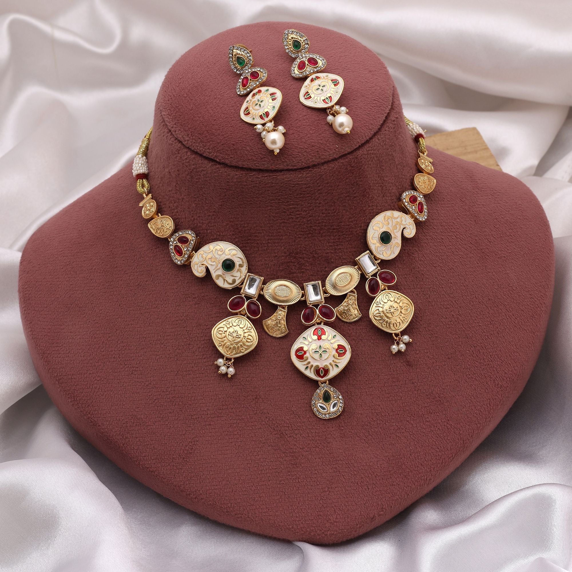 Multi Color Meena Work Matte Gold Necklace Set