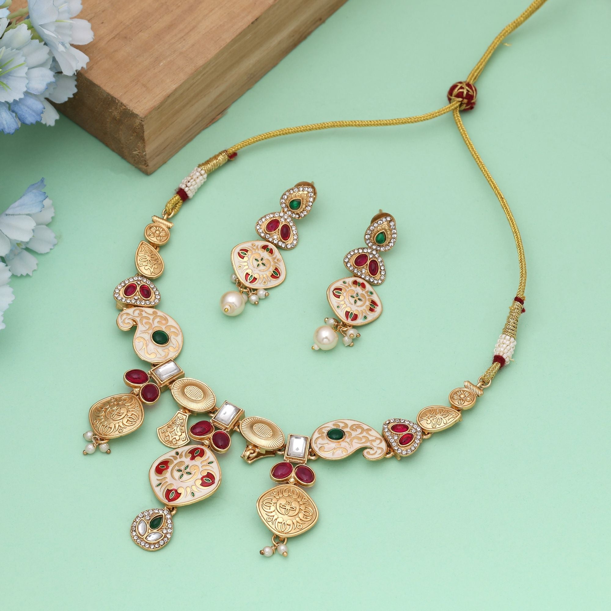 Multi Color Meena Work Matte Gold Necklace Set