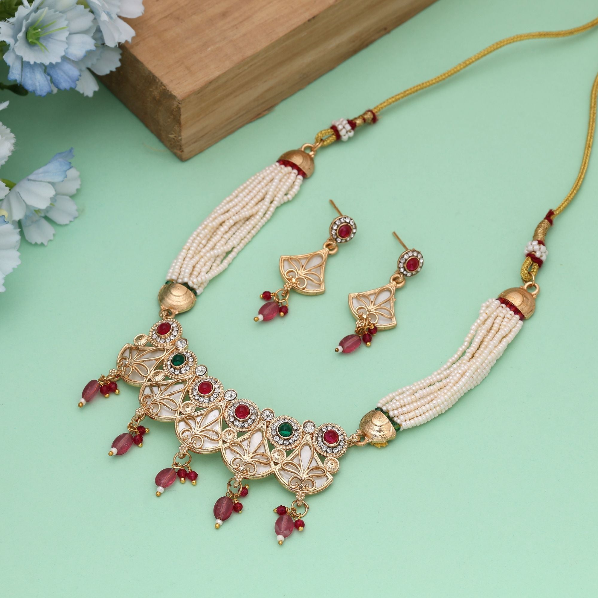 Multi Color Matte Gold Necklace Set