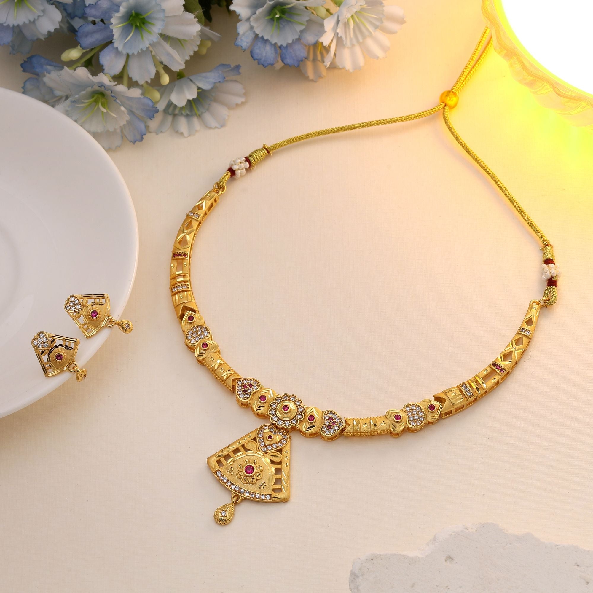 Gold Matte Gold Necklace Set with Antique Finish