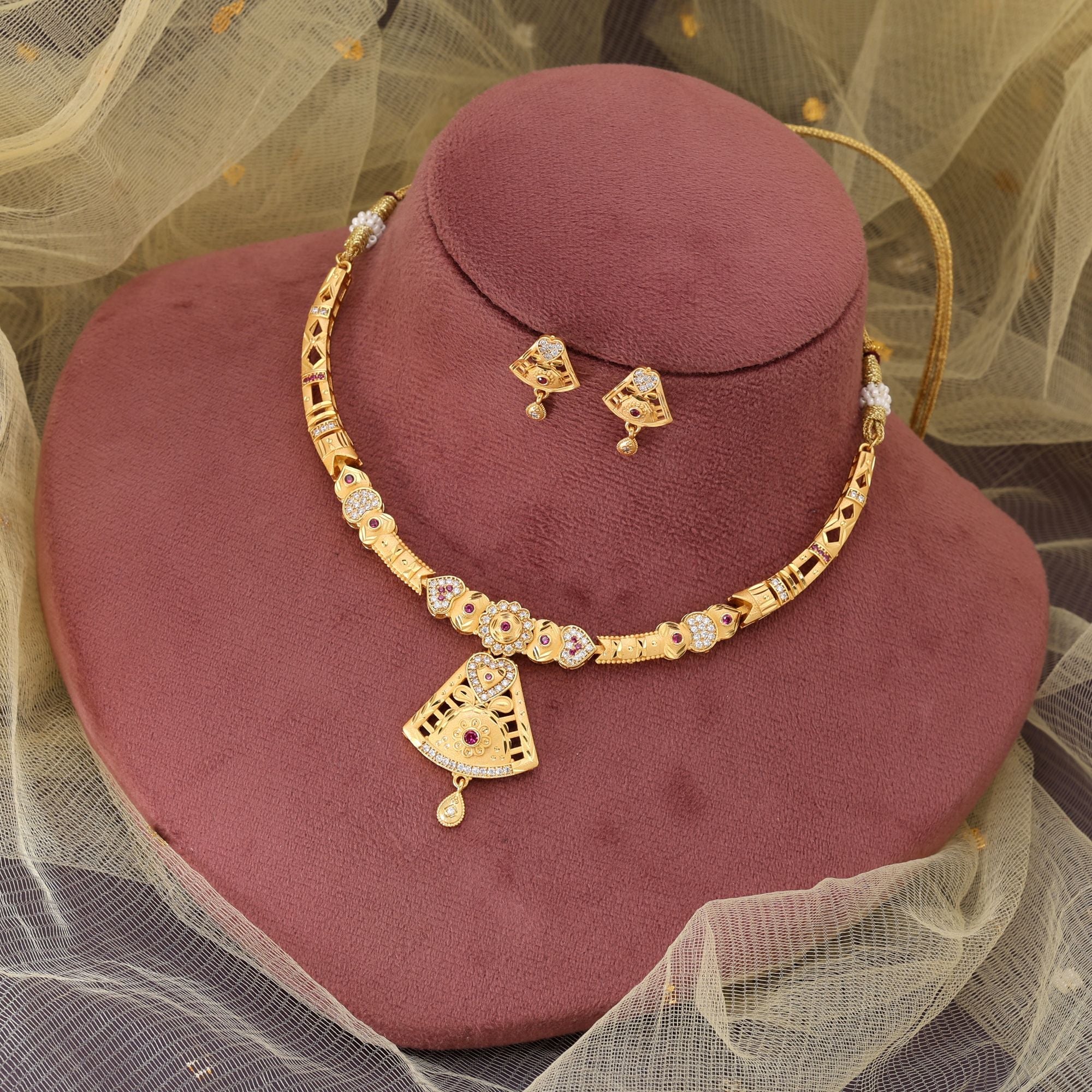 Gold Matte Gold Necklace Set with Antique Finish