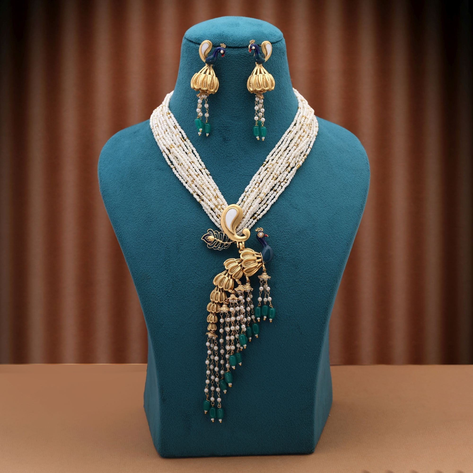 Green Peacock Matte Gold Necklace Set