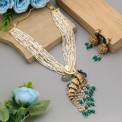 Green Peacock Matte Gold Necklace Set