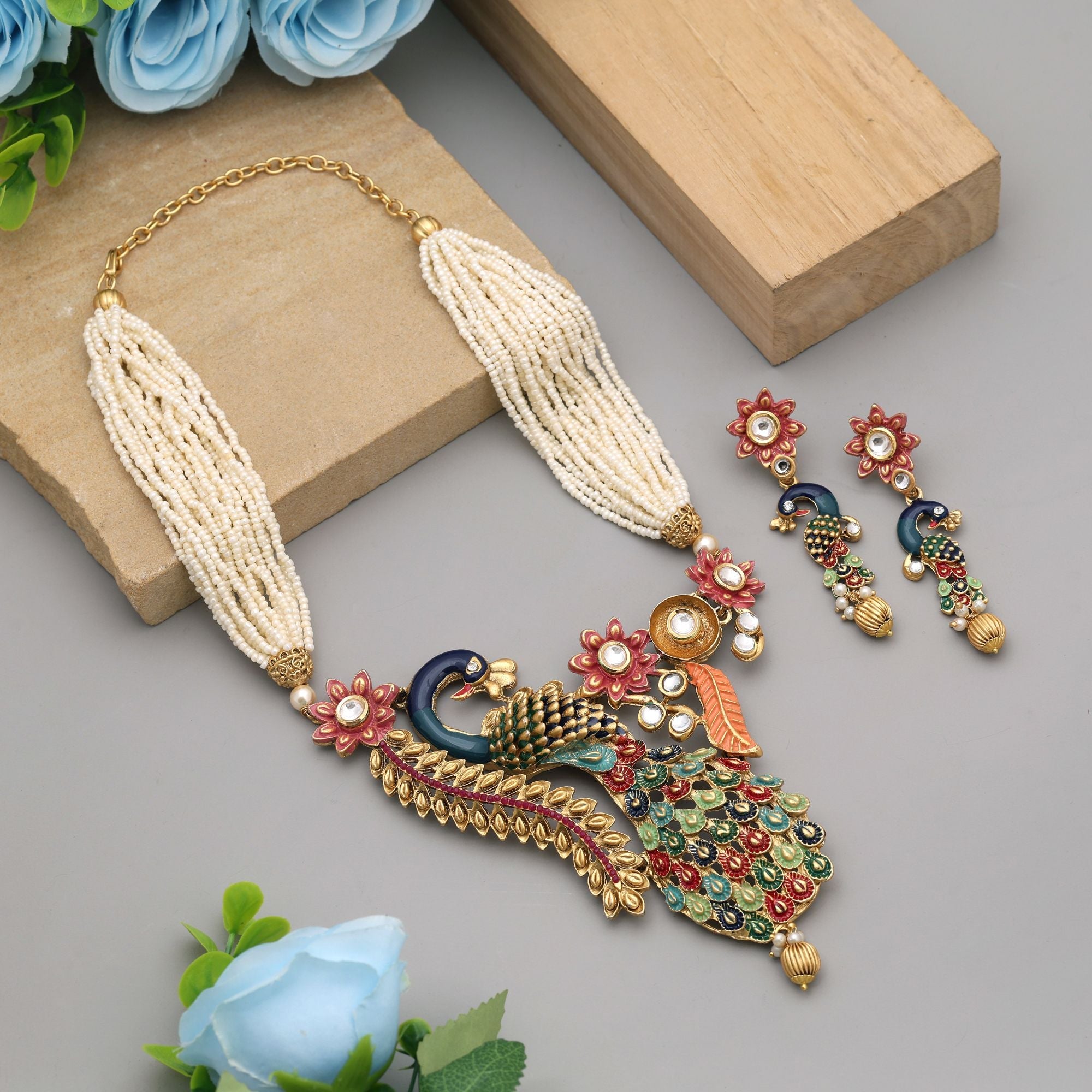 Royal Multi-Color Peacock Matte Gold Necklace Set