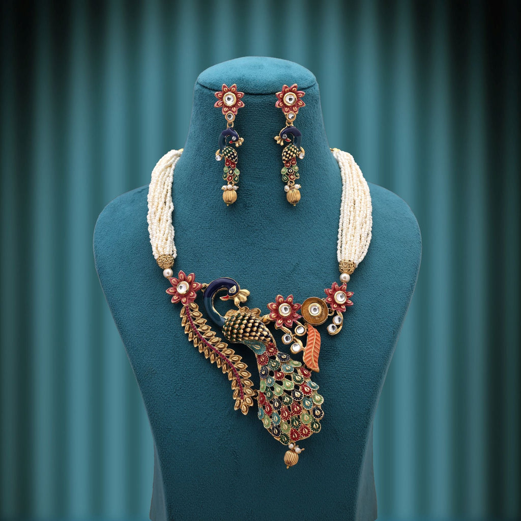 Royal Multi-Color Peacock Matte Gold Necklace Set