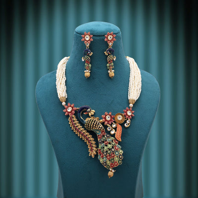 Royal Multi-Color Peacock Matte Gold Necklace Set