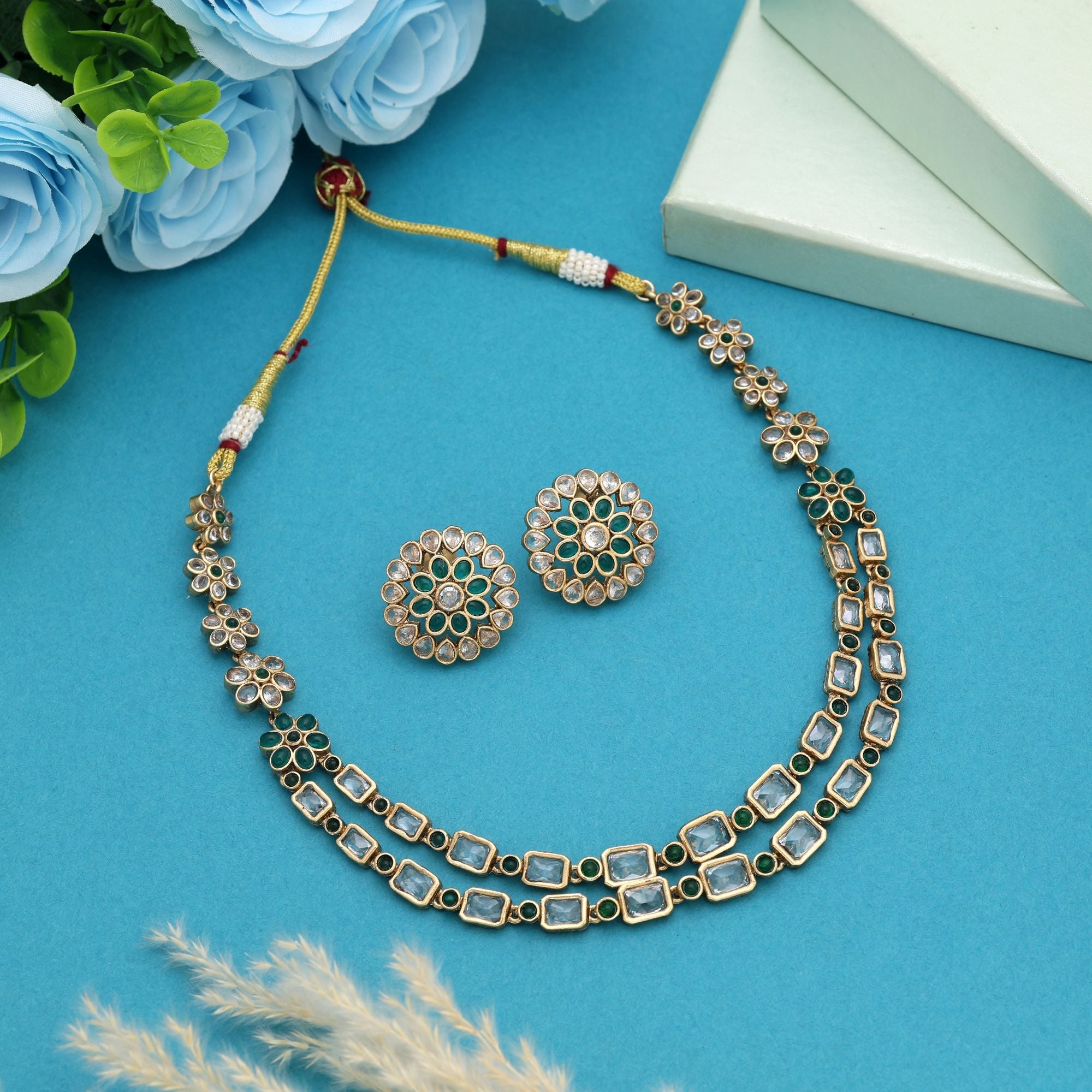 Heritage Craft Green Matte Gold Necklace Set