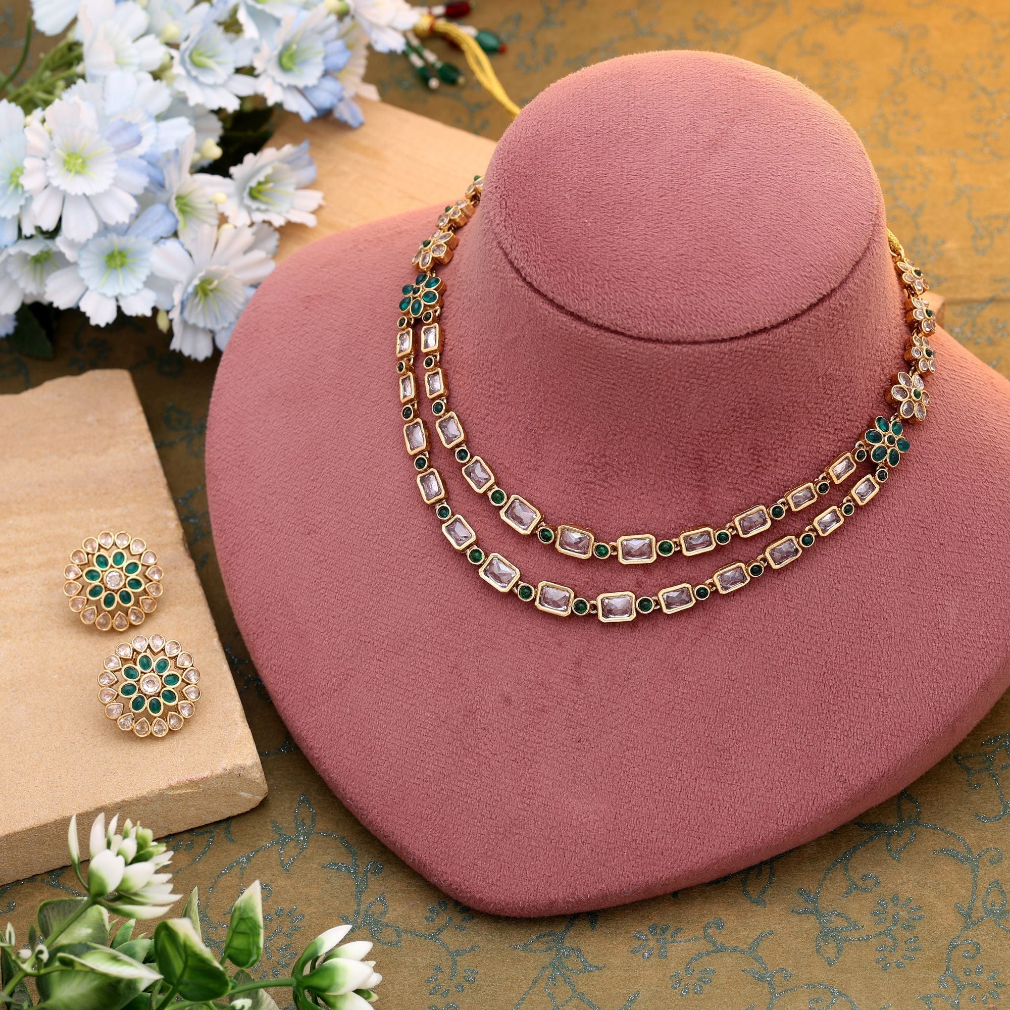 Heritage Craft Green Matte Gold Necklace Set