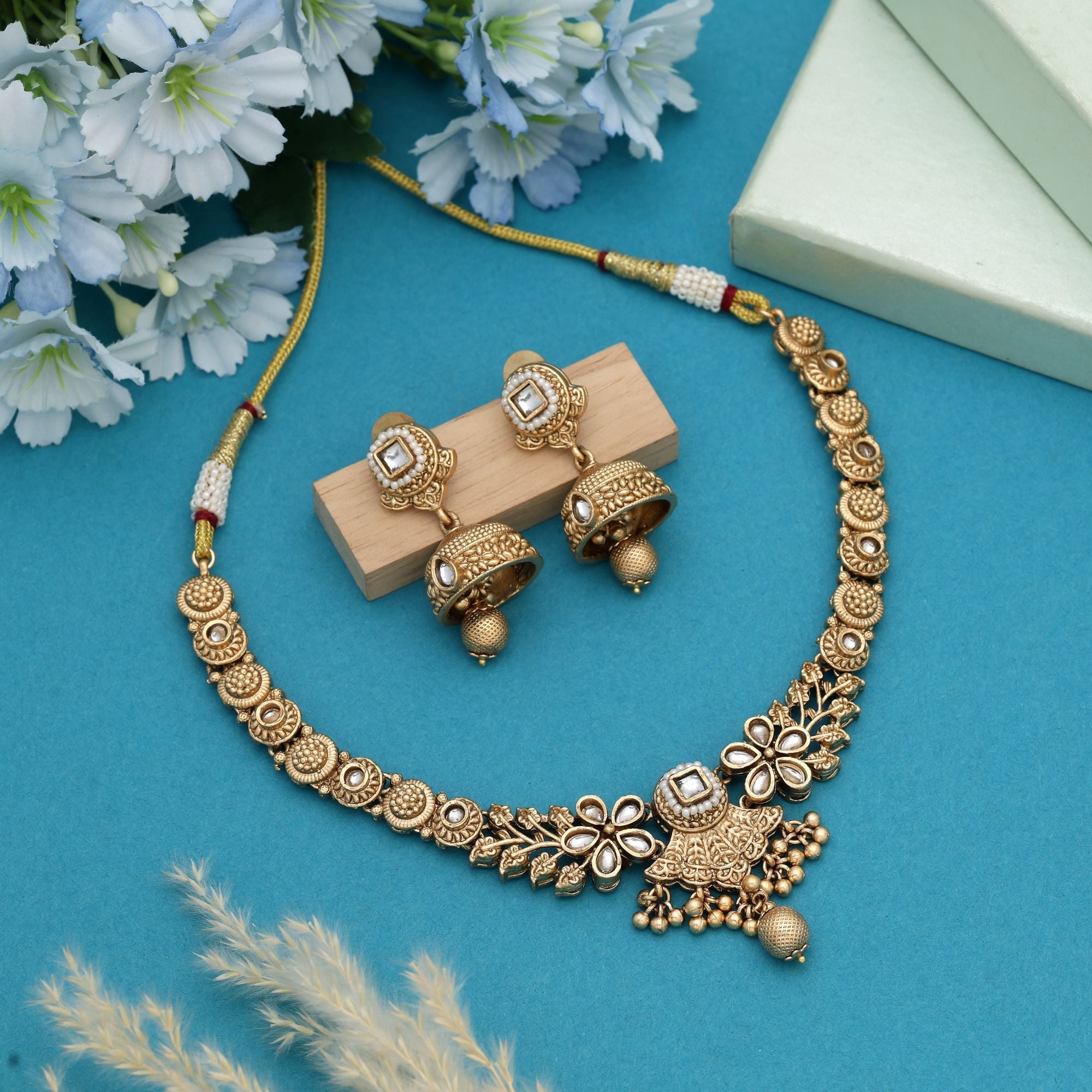 Graceful Ethnic Matte Gold Necklace Set