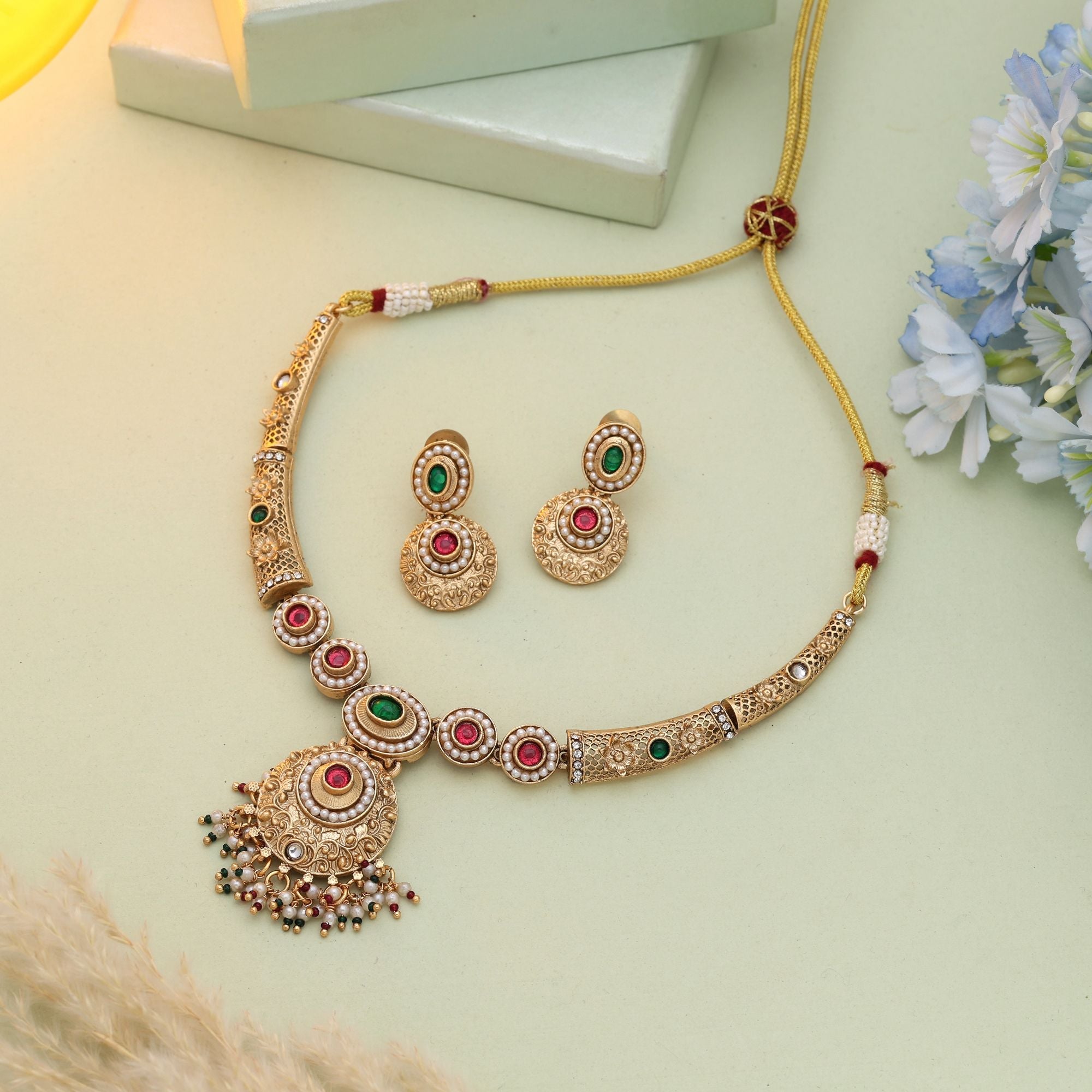 Sophisticated Rani & Green Ethnic Matte Gold Necklace Set