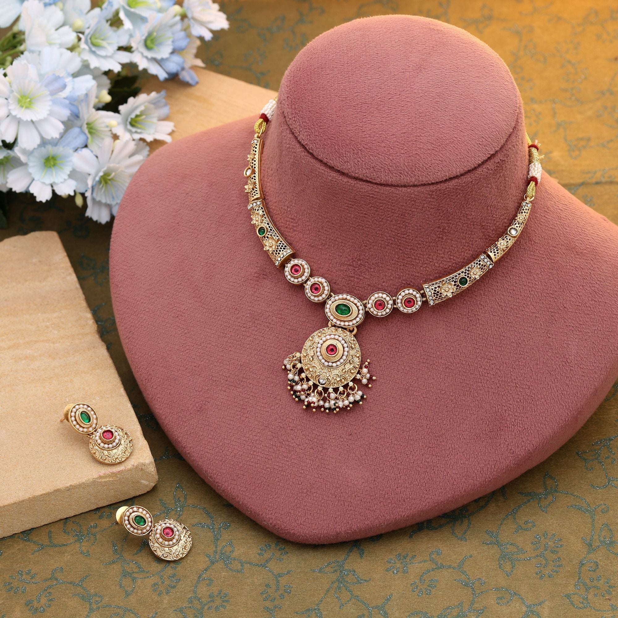 Sophisticated Rani & Green Ethnic Matte Gold Necklace Set