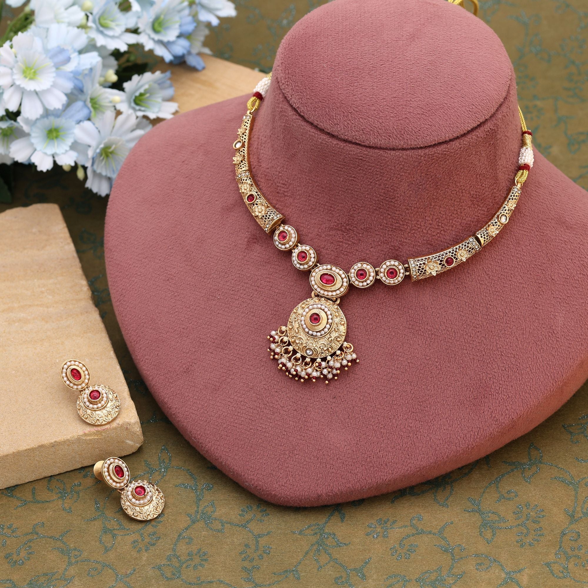 Classical South Indian Matte Gold Necklace Set