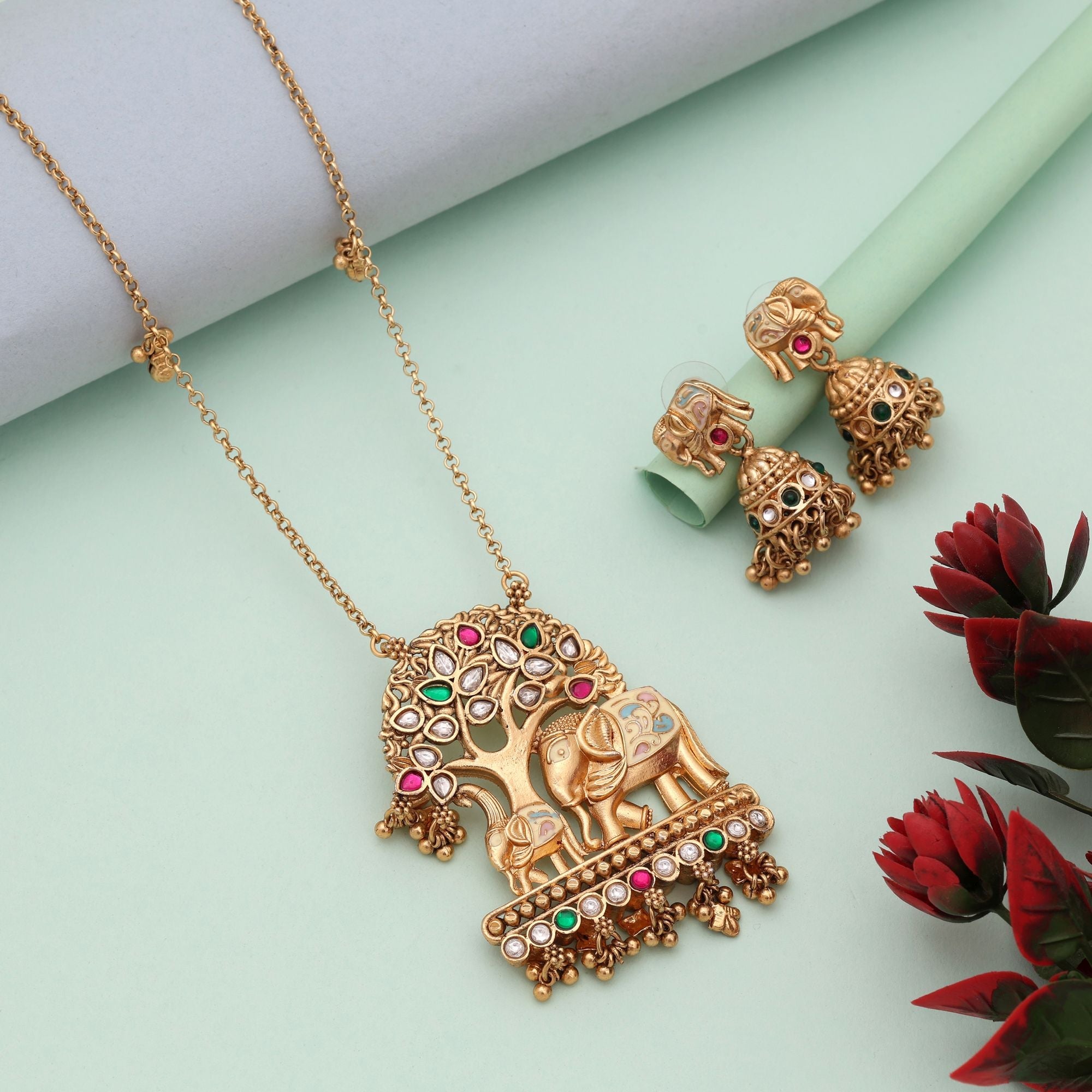 Multi Color Elephant Meena Matte Gold Necklace Set