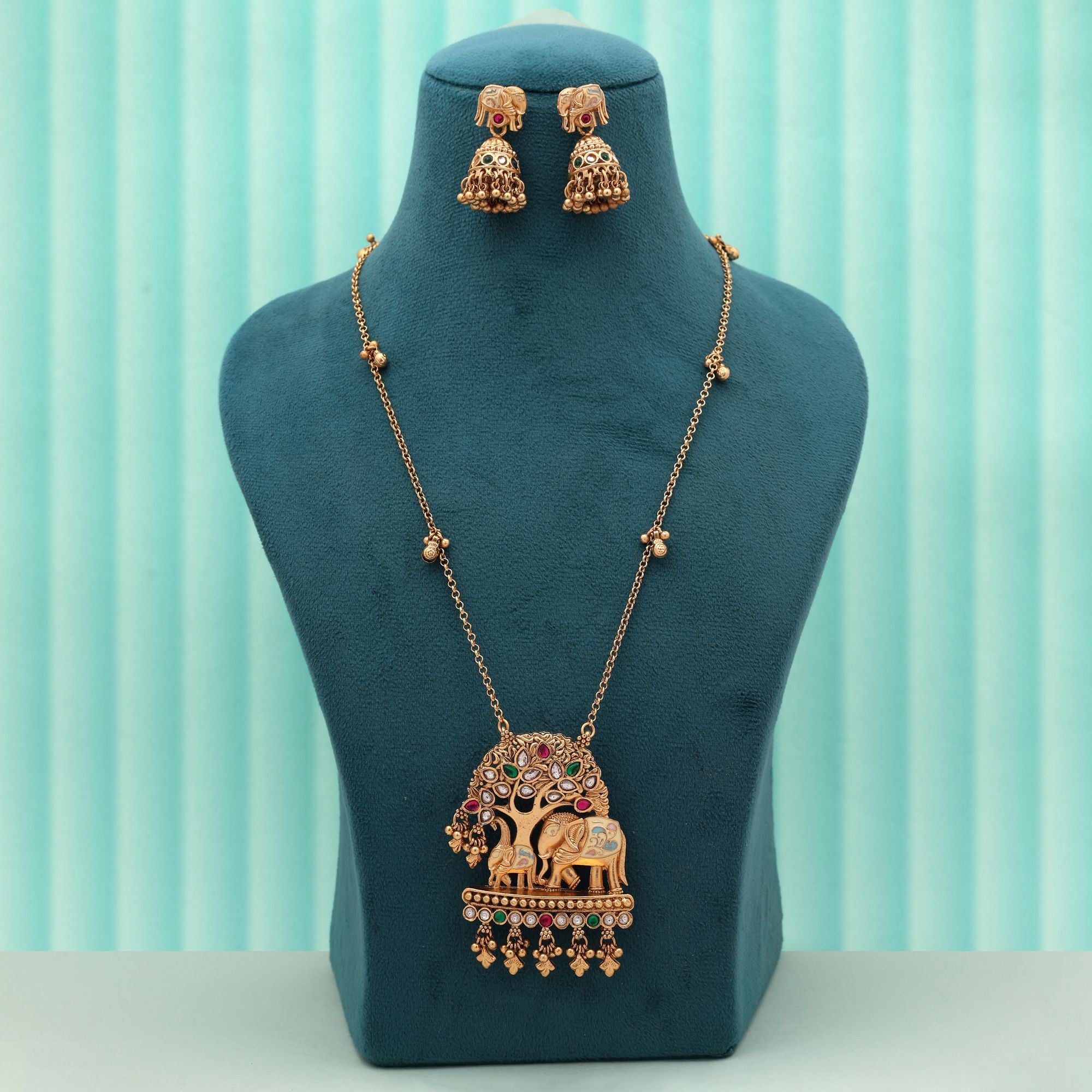 Multi Color Elephant Meena Matte Gold Necklace Set