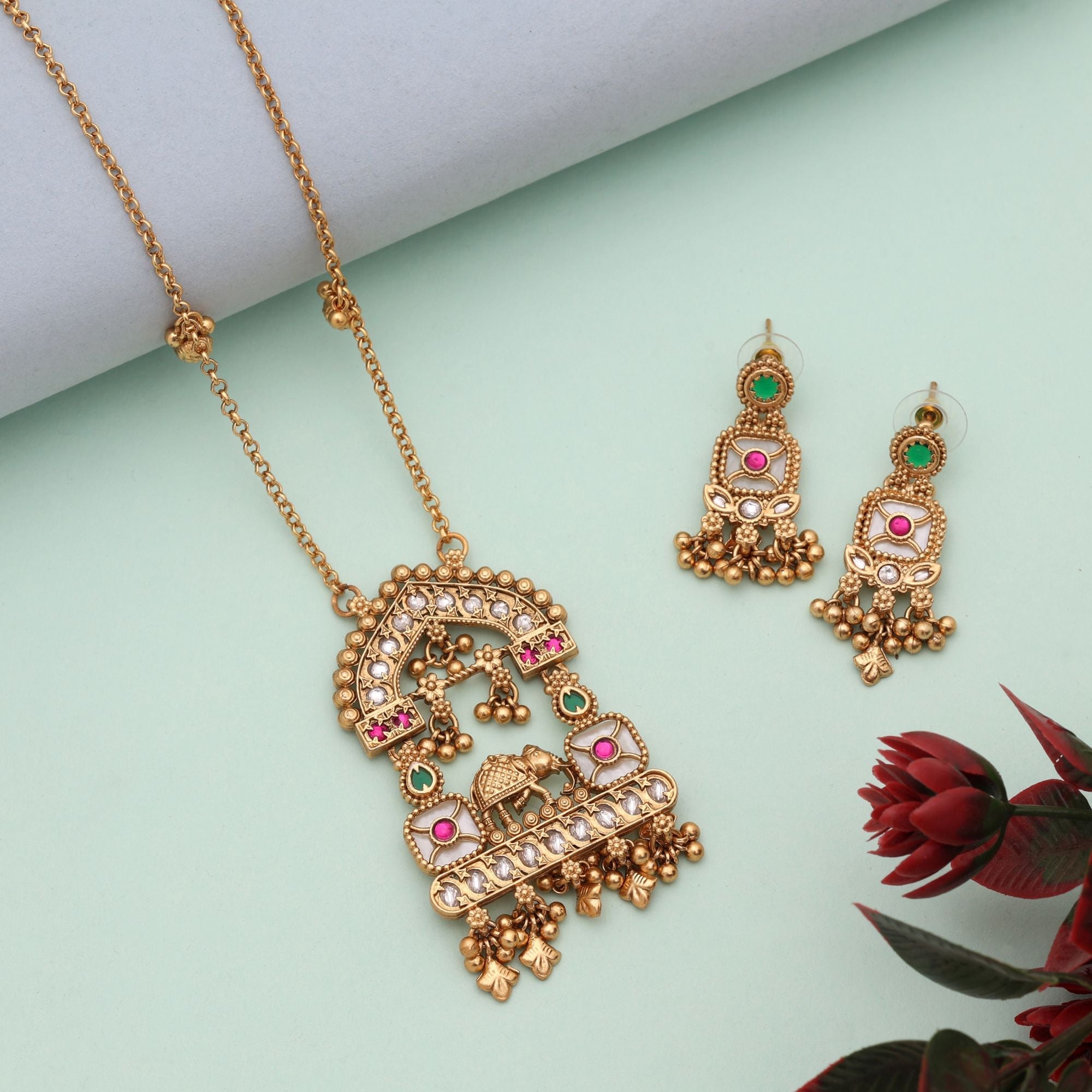 Rani & Green Color Heritage Matte Gold Necklace Set