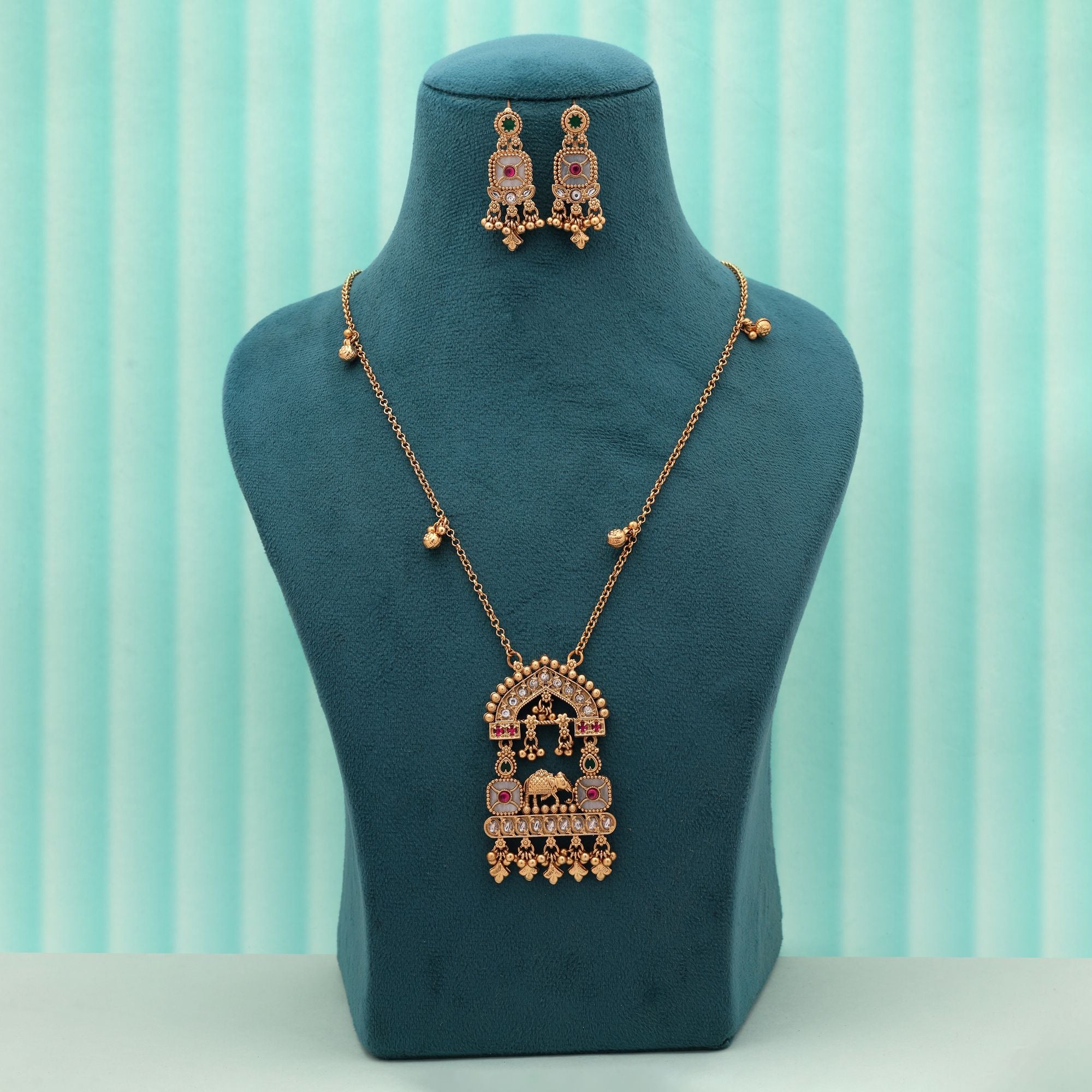 Rani & Green Color Heritage Matte Gold Necklace Set