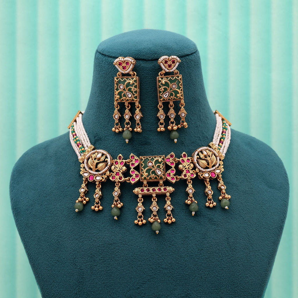 Pista Green & Rani Color Choker Matte Gold Necklace Set
