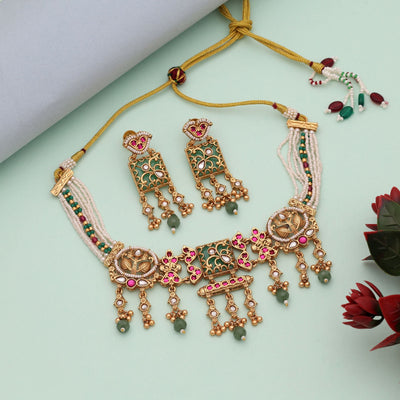 Pista Green & Rani Color Choker Matte Gold Necklace Set