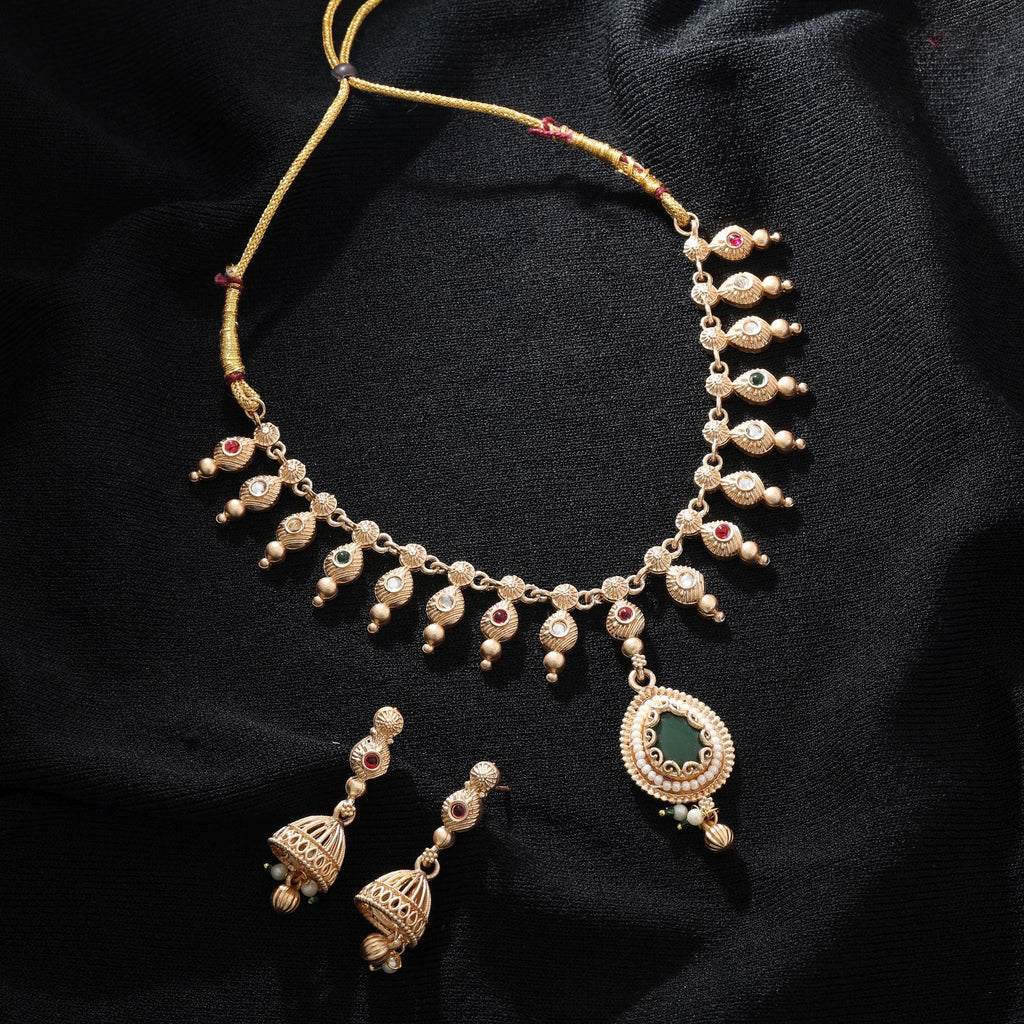 Green & Rani Color Matte Gold Necklace Set Traditional Style