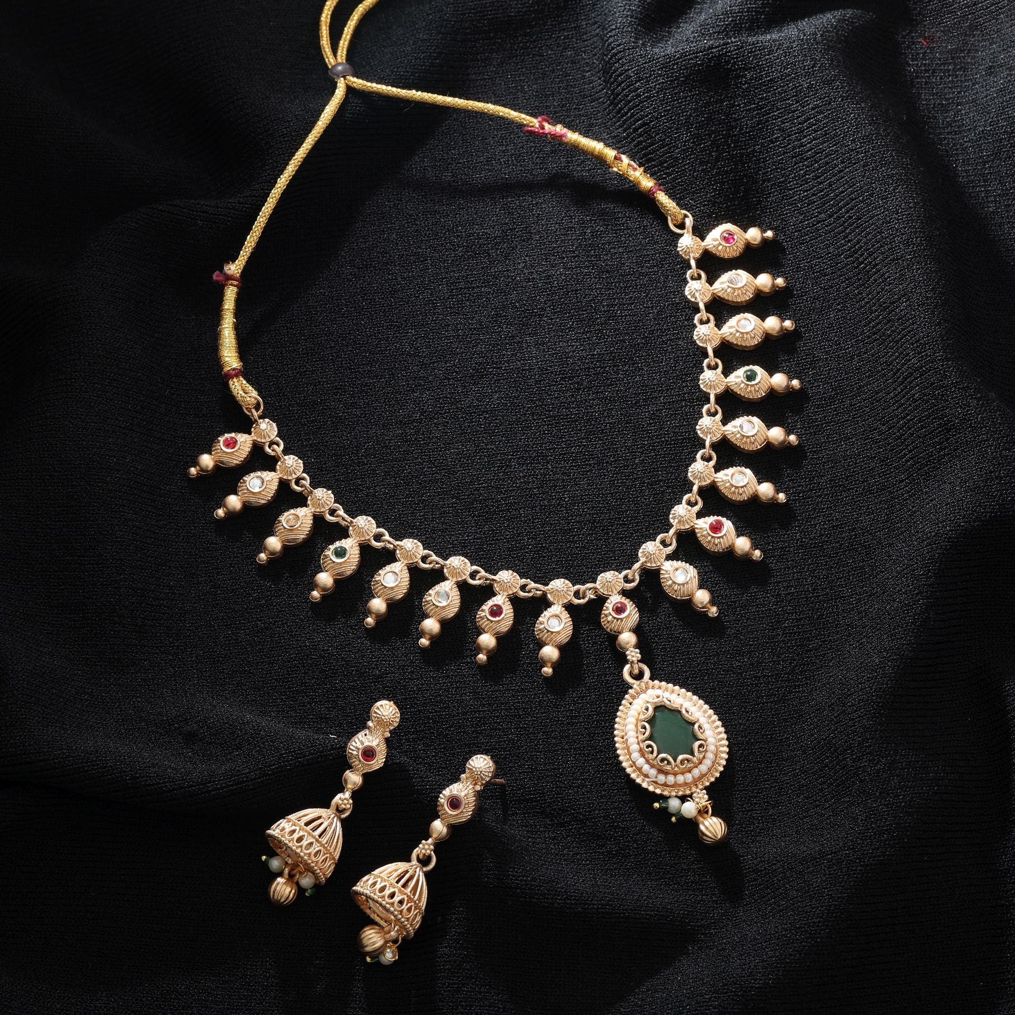 Green & Rani Color Matte Gold Necklace Set Traditional Style