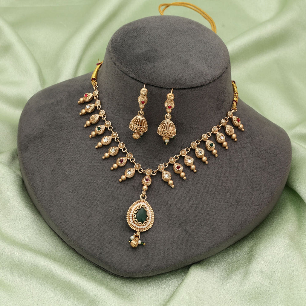 Green & Rani Color Matte Gold Necklace Set Traditional Style