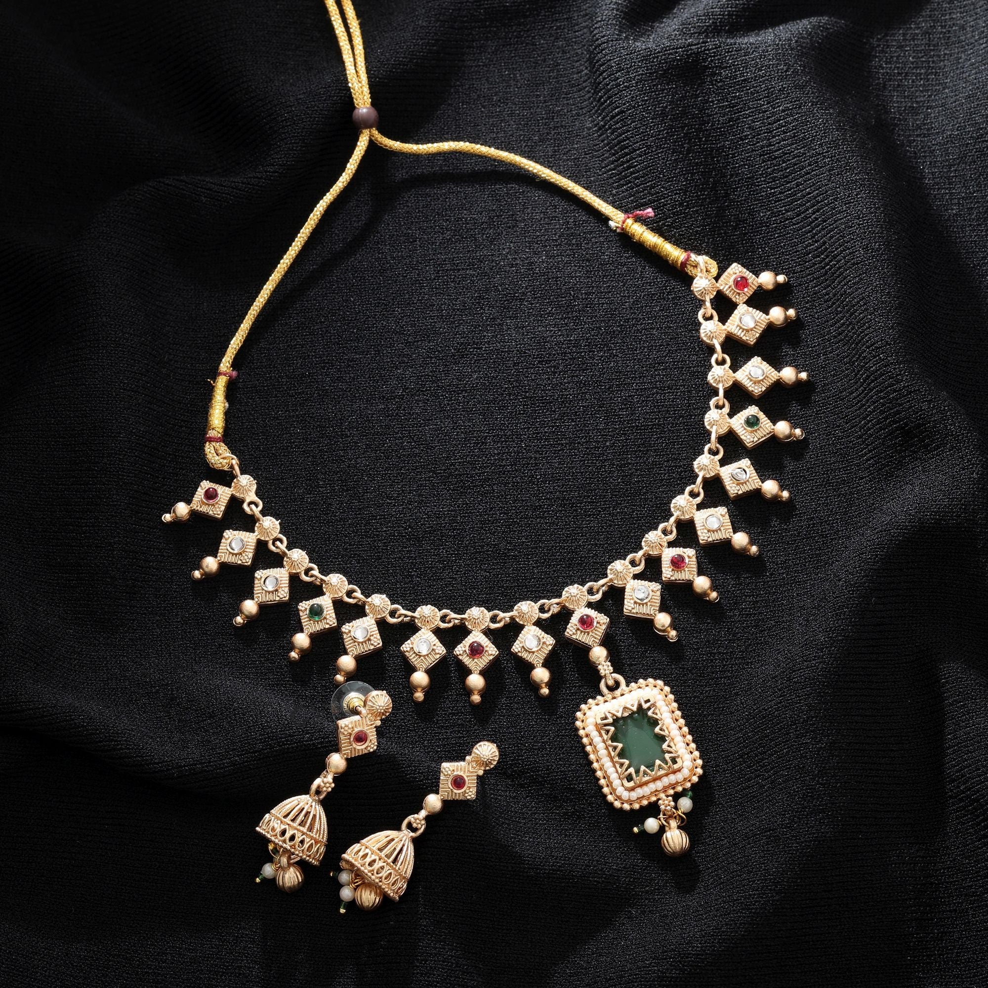 Green & Rani Color Matte Gold Necklace Set Bridal Style