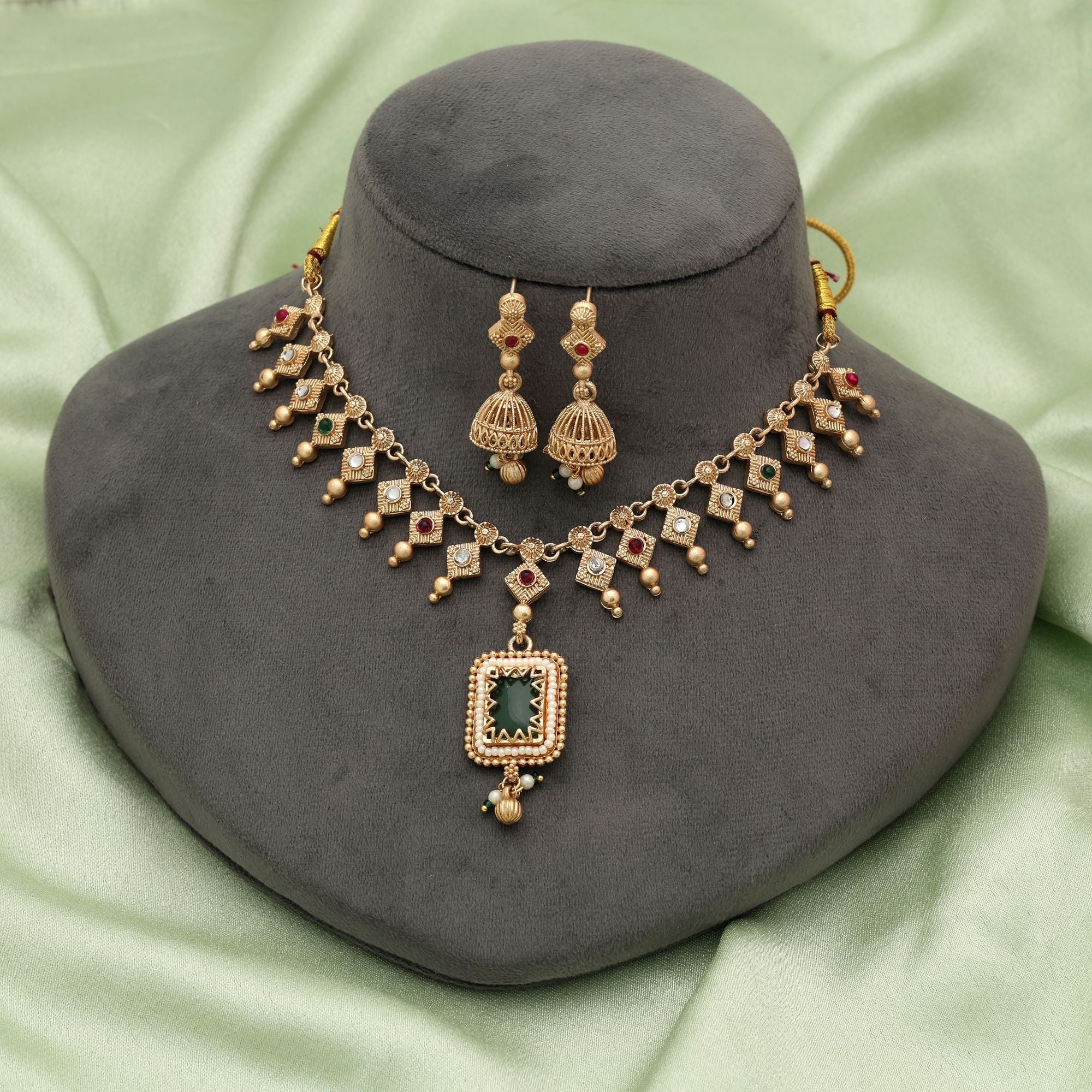 Green & Rani Color Matte Gold Necklace Set Bridal Style