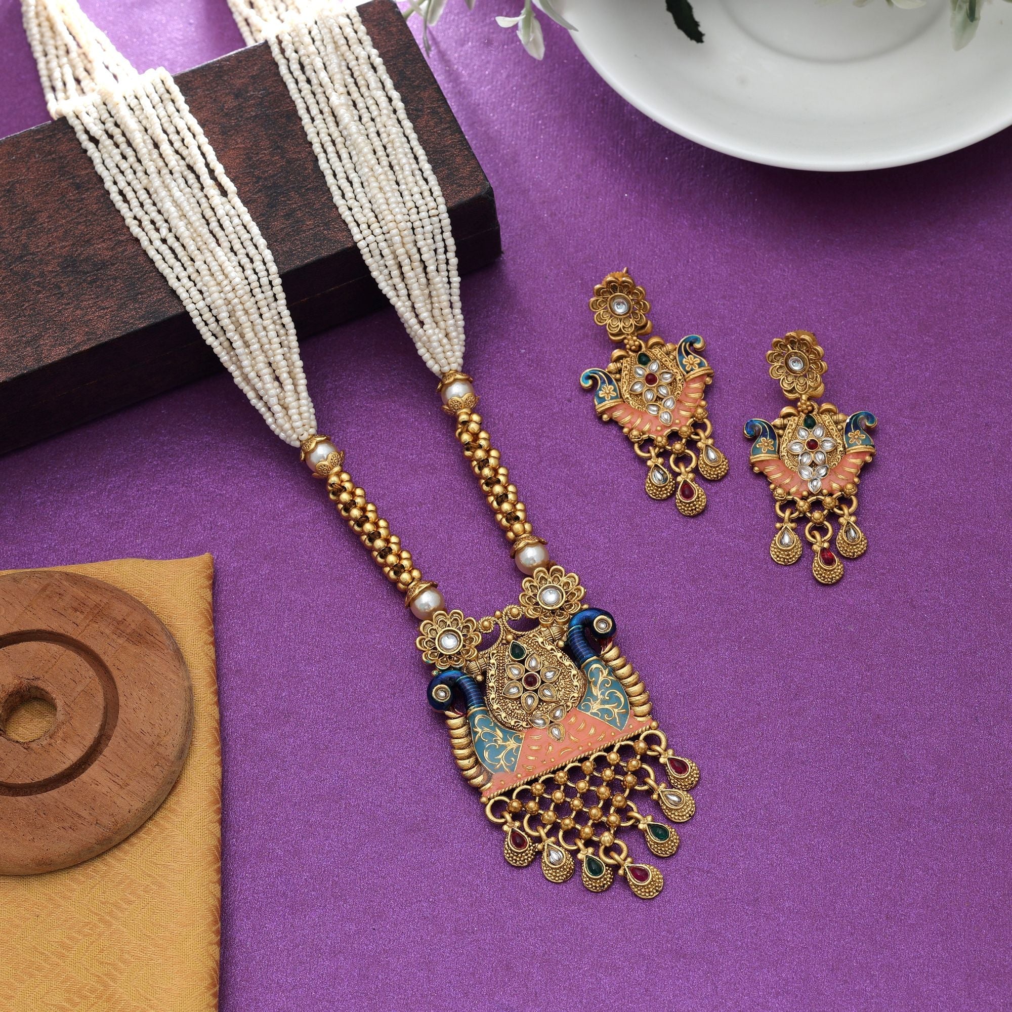 Multi Color Meena Matte Gold Necklace Set Party Wear