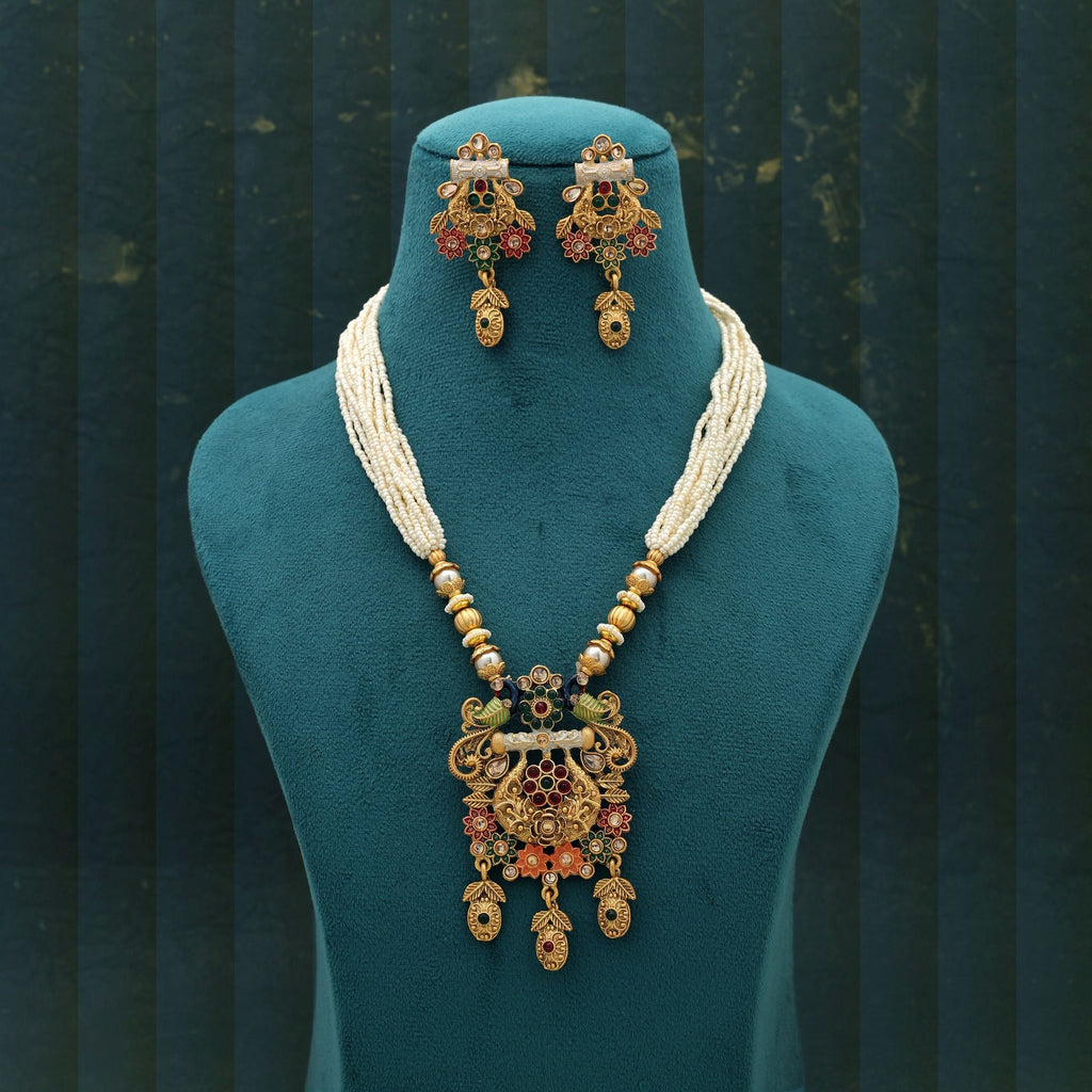 Multi Color Mint Meena Matte Gold Necklace Set Festive
