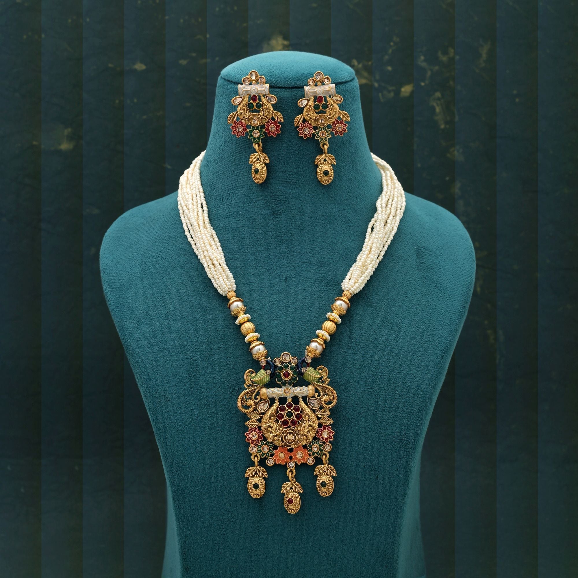 Multi Color Mint Meena Matte Gold Necklace Set Festive